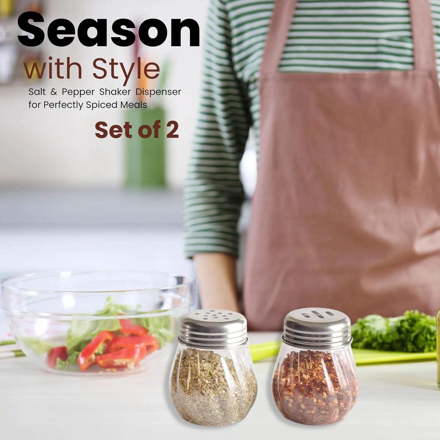 Apex Oregano Chilli Flakes Dispenser Set 2 Pcs Glass Spice Shaker With Stainless Steel Lid by Wukusy