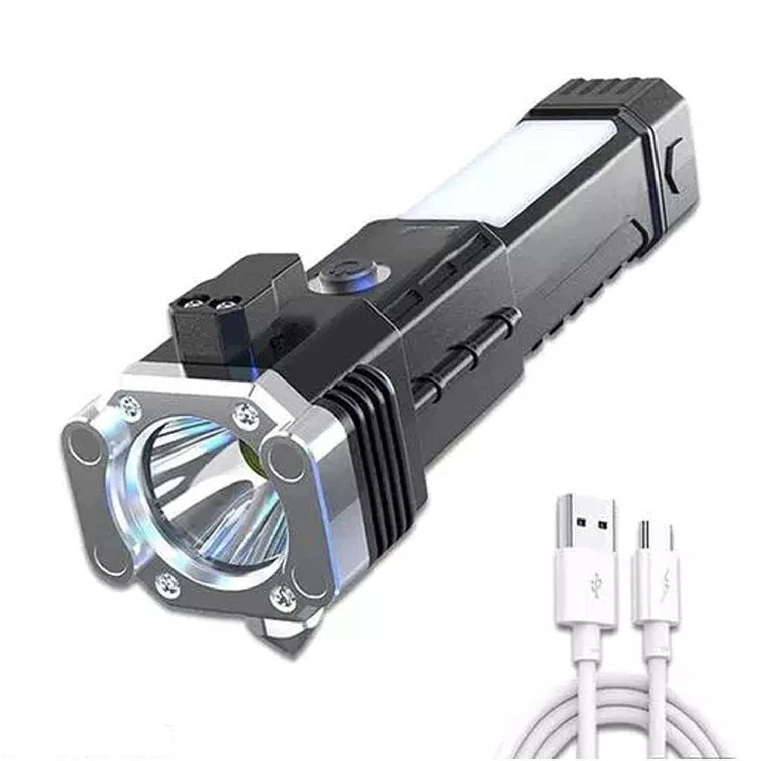 1524 Portable 3w Rechargeable Torch Led Flashlight Long Distance Beam Range Hammer And Strong Magnets Window Glass And Seat Belt Cutter 4 Modes For Car Camping Hiking Indoor Outdoor by Wukusy
