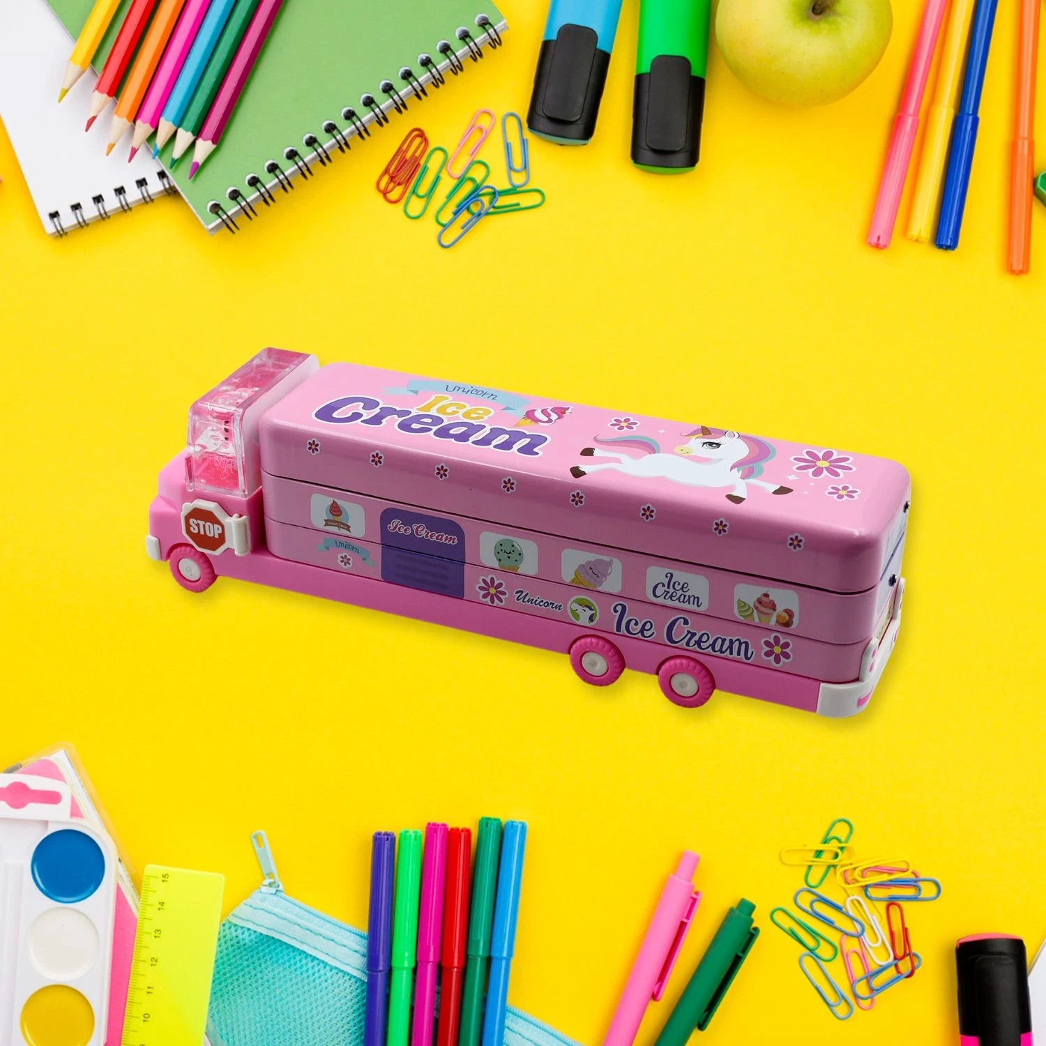 4568  Double Decker Magic Ice Cream Truck Compass Multi Level Metal Truck Compass Pencil Case With Movable Wheels  Sharpener - 69KART