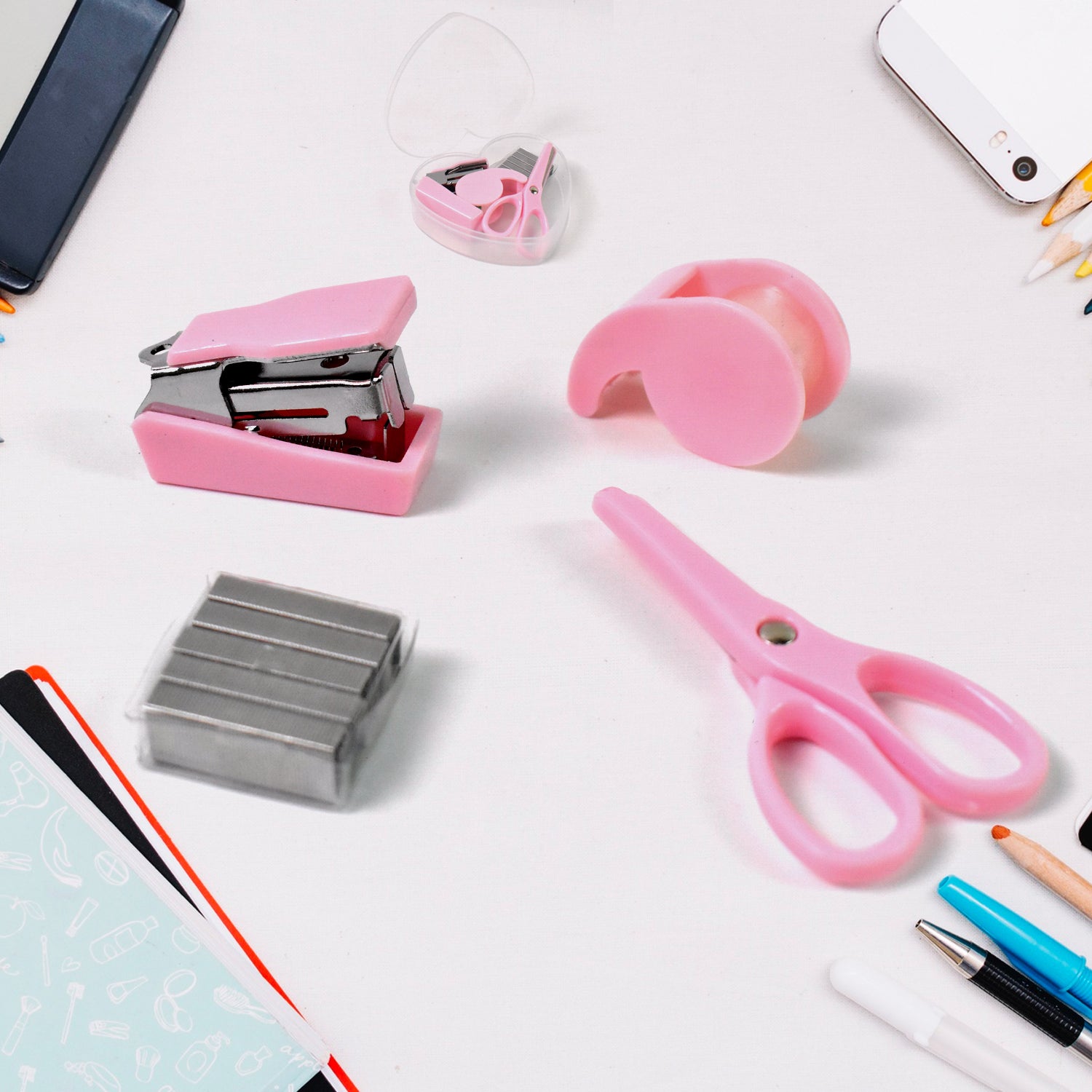 Mini Office Stationery Set Including Stapler Scissors Paper Clips Tape Dispenser Transparent Tape And Staples