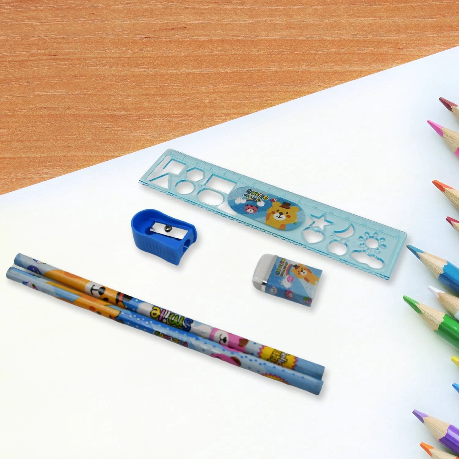 17578 Stationery Kit For Kids - Stationery Set Includes Wooden Pencil Sharpener Pencil And Eraser Set Birthday Return Gift For Kids Boys Girls 2 Pencil 1 Scale 1 Notebook1 Sharpener 1 Eraser  With Zip Bag (6 Pcs Set) - 69KART
