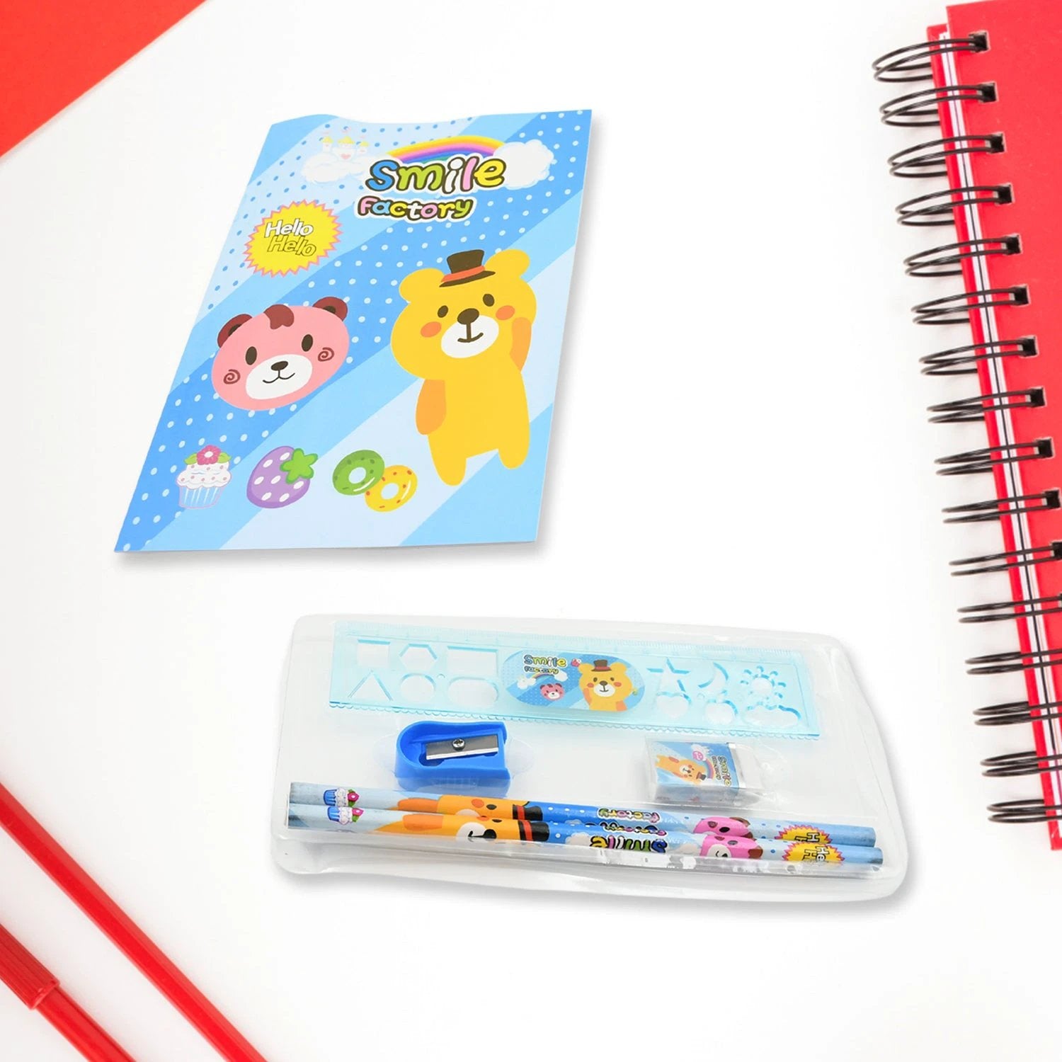 17578 Stationery Kit For Kids - Stationery Set Includes Wooden Pencil Sharpener Pencil And Eraser Set Birthday Return Gift For Kids Boys Girls 2 Pencil 1 Scale 1 Notebook1 Sharpener 1 Eraser  With Zip Bag (6 Pcs Set) - 69KART