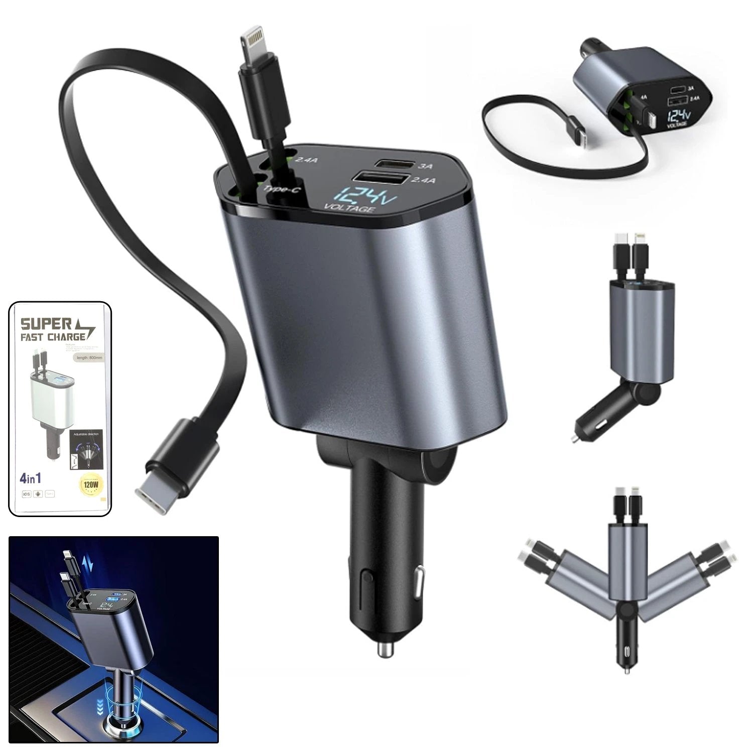 4-in-1 Super Fast Car Charger With Dual Built-in Cables Dual Usb Ports by Wukusy