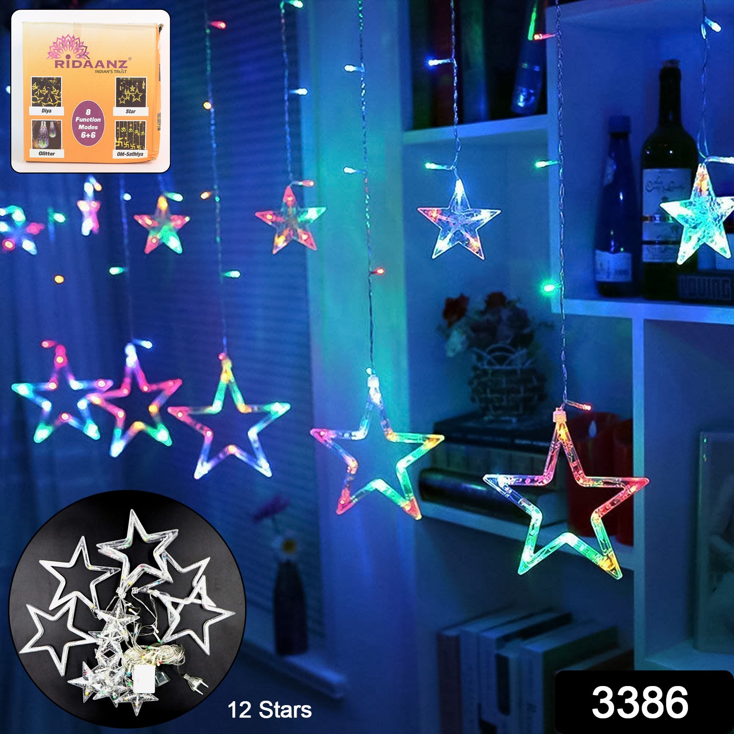 12 Stars Led Curtain String Lights With 8 Flashing Modes (Multicolor)