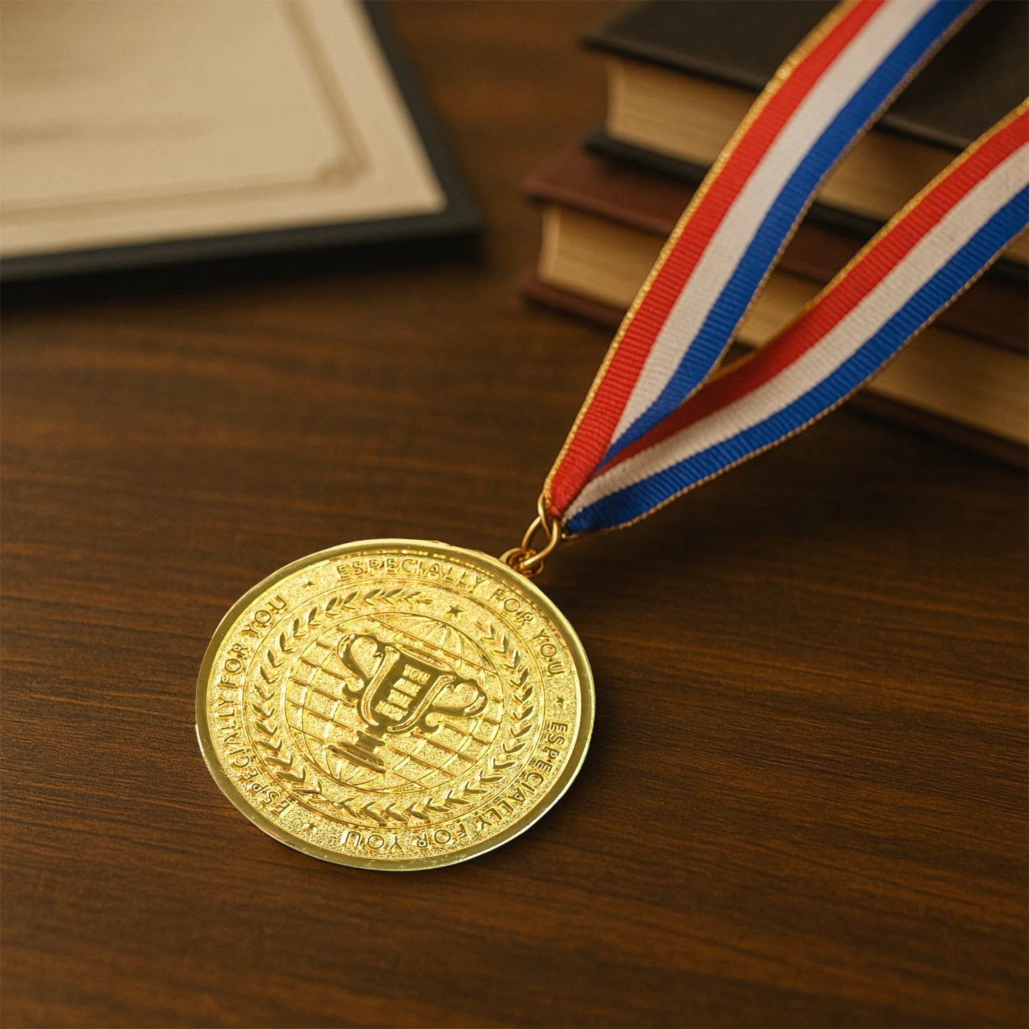 Gold Metal Medal With Tricolor Ribbon (1 Pc) by Wukusy