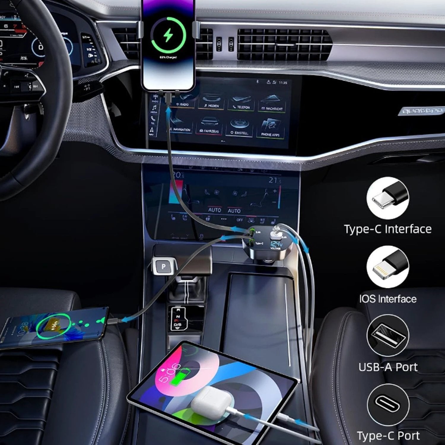 4-in-1 Super Fast Car Charger With Dual Built-in Cables Dual Usb Ports by Wukusy