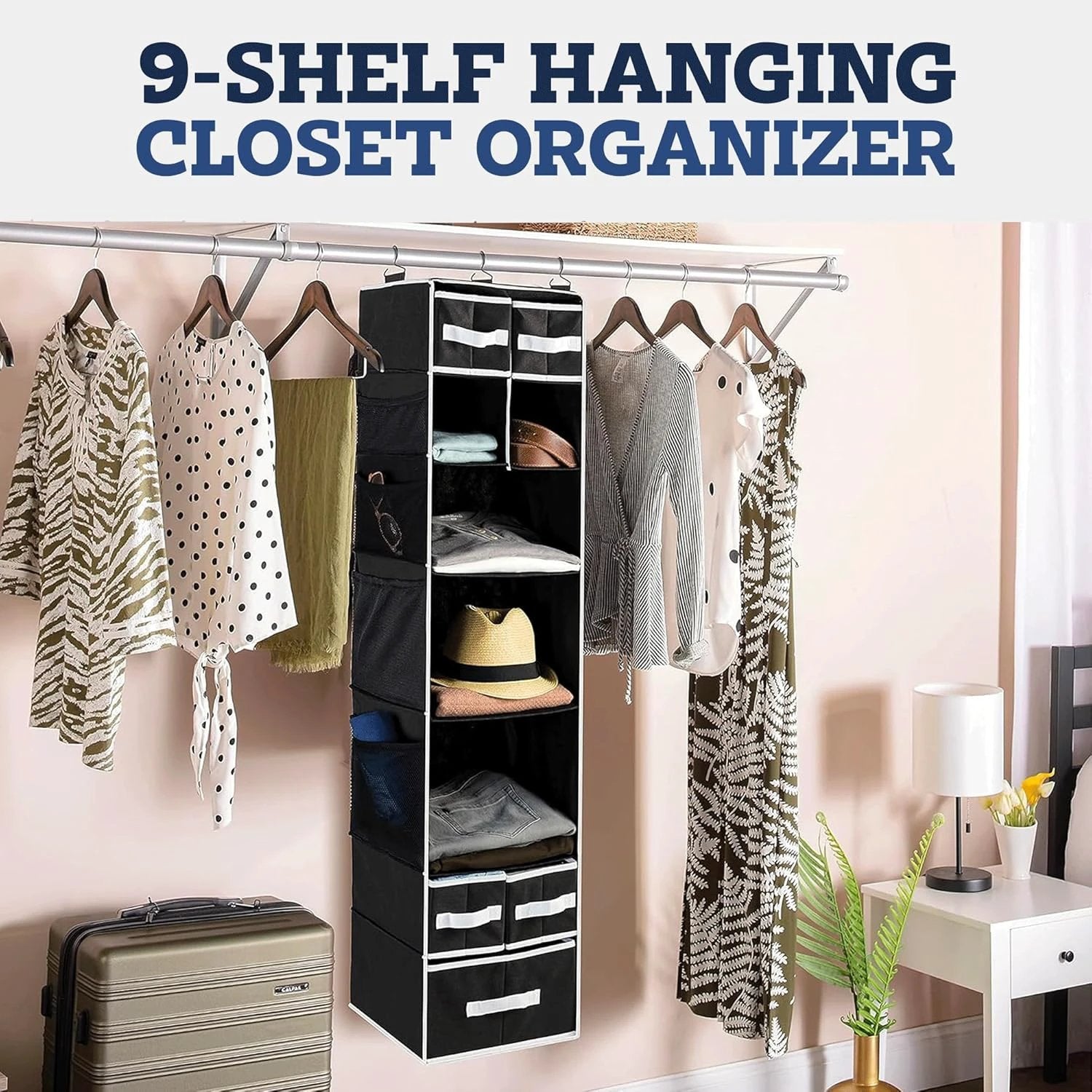 9 Shelf Hanging Closet Organizer With 5 Drawer Organizers - 69KART