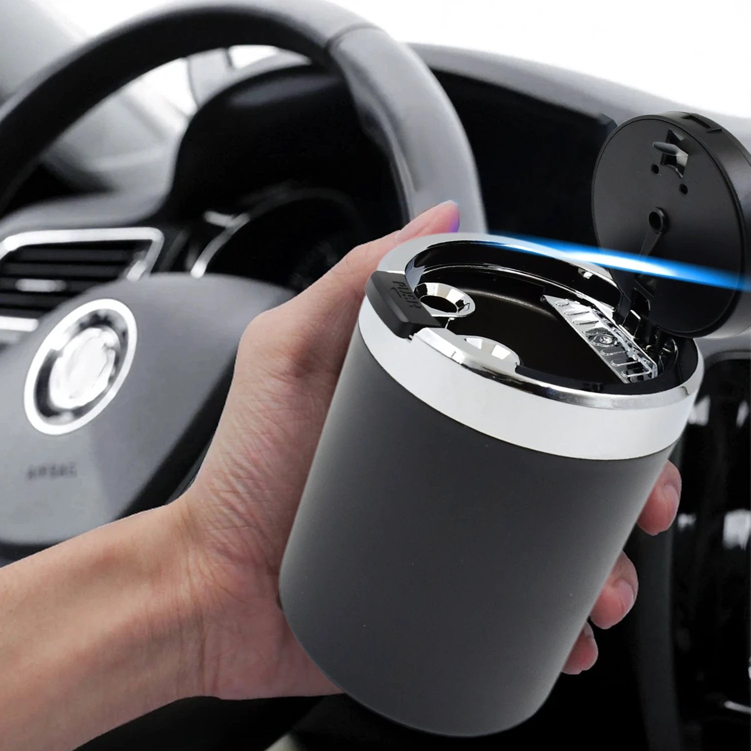 Portable Car Ashtray With Lid And Blue Led Light (1 Pc) - 69kart