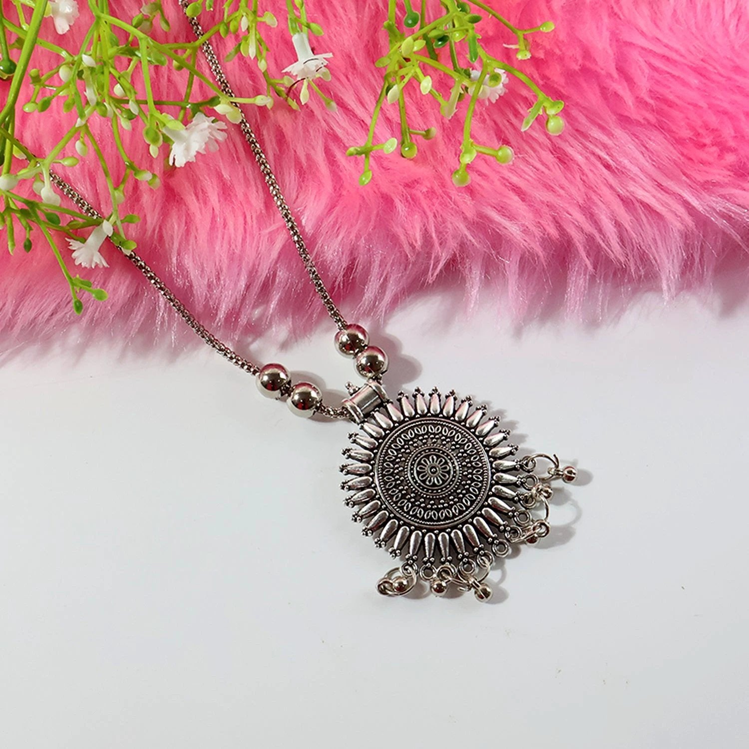 Oxidised Silver Traditional Long Necklace (1 Pc) - 69kart
