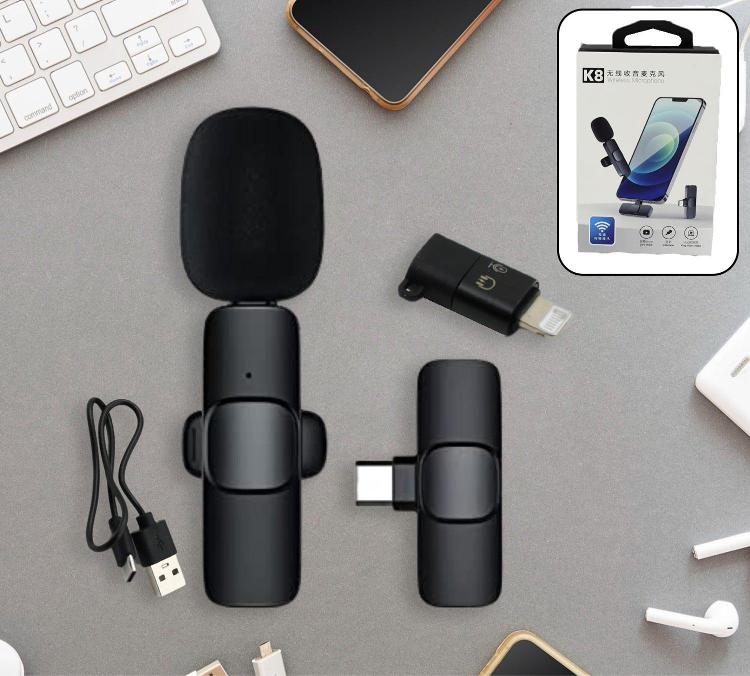 Intelligent Noise Cancelling Live Streaming Clip On Microphone For Type-c  For Iphone With Charging Mini Wireless Lapel Collar Microphone