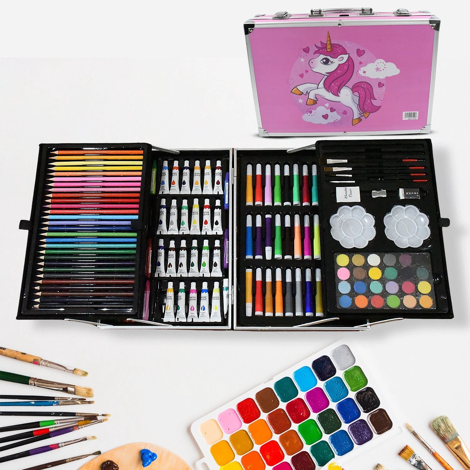 17980professional Art Set-drawing Painting Sketching Coloring Kids Set All In 1 Art Case Perfect For Kids With Unicorn Design Case Shading Crayons Oil Pastels Color Set Watercolor Cakes Paint Brush Sharpener Eraser (145 Pcs Set) - 69KART