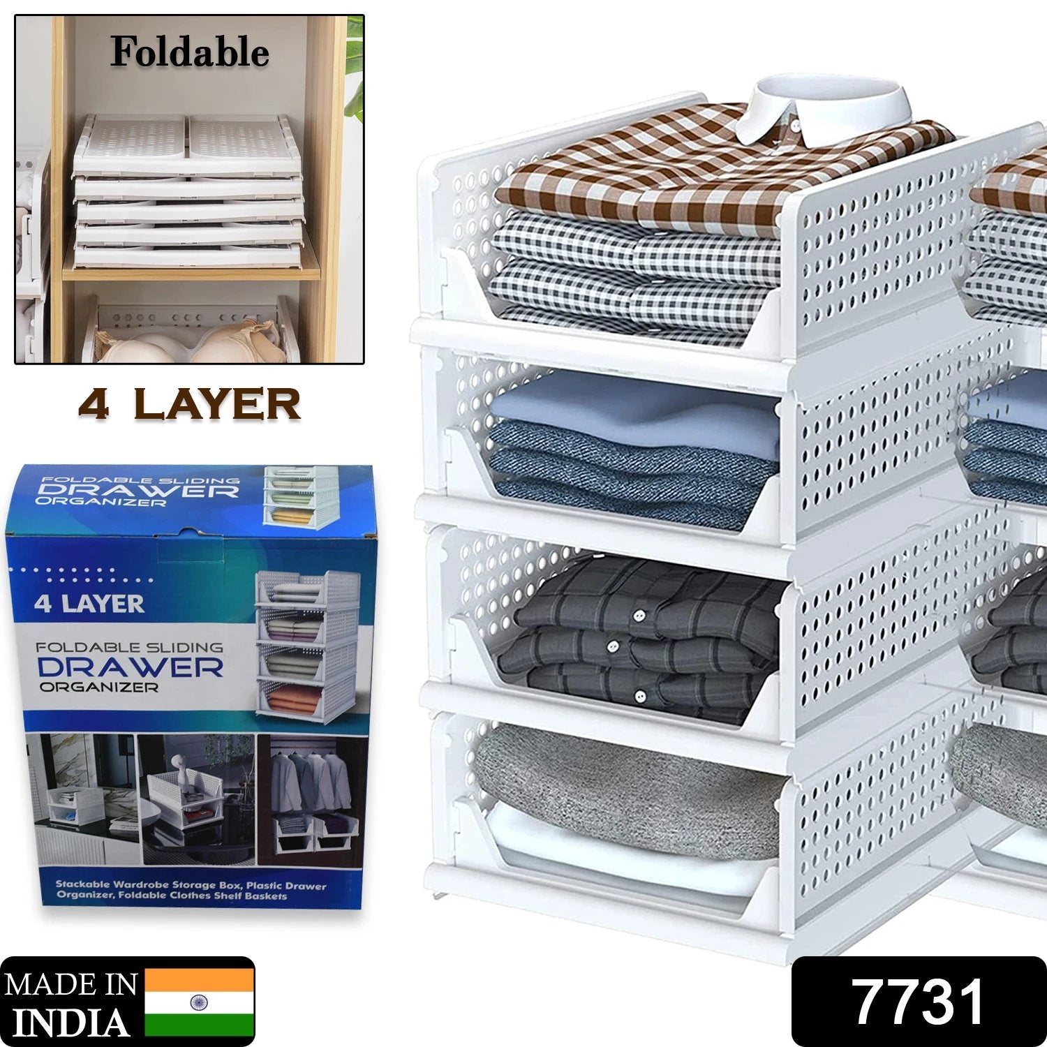 7731 Clothes Organizer 4 Layer Drawer For Wardrobe Cupboard Organizer For Clothes Foldable And Stackable Closet Organizer Drawer Organizer For Clothes Multi Purpose Plastic Drawer - 69KART