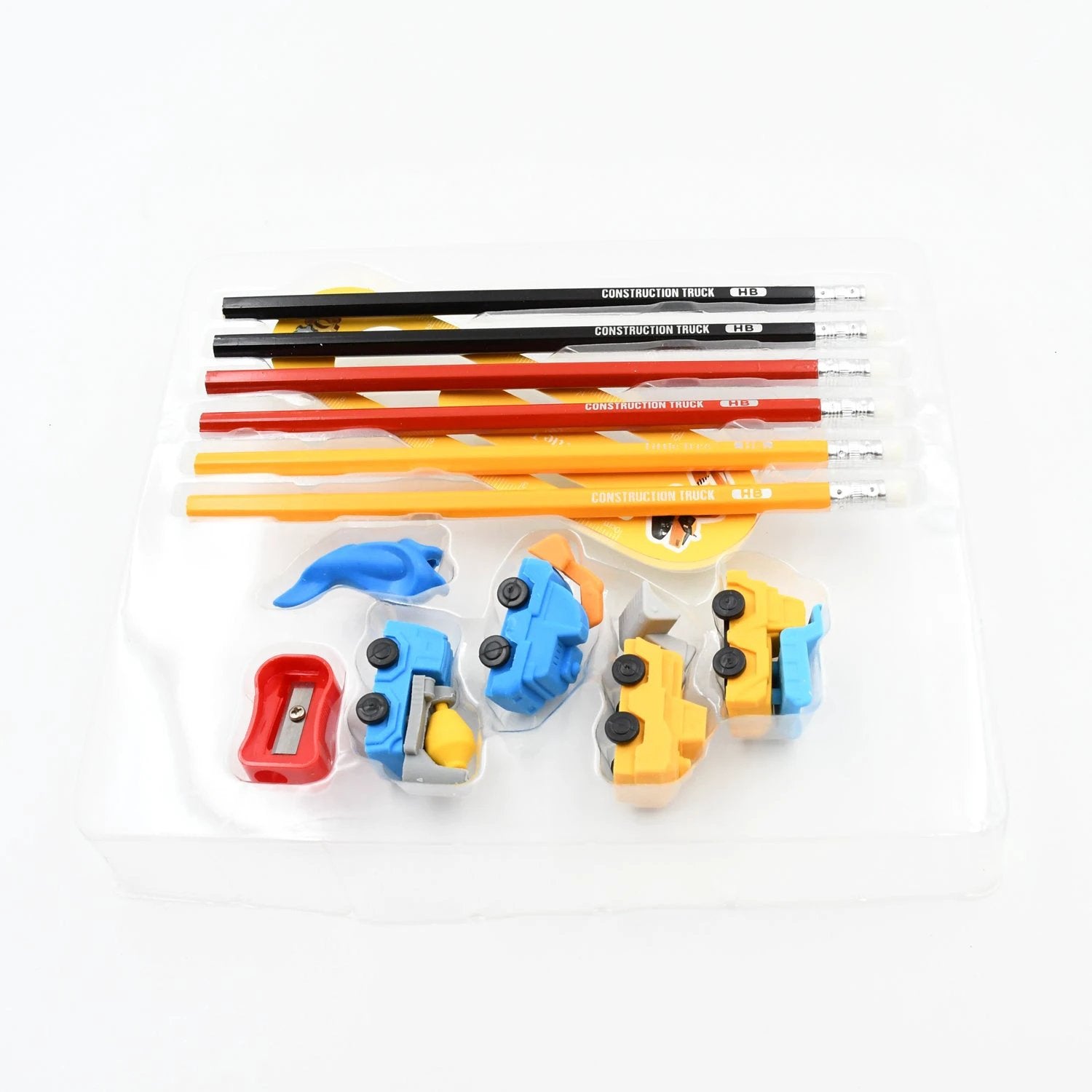 4547 Pencil And Eraser Set Construction Truck Theme Stationery Kit Includes 6 Pencils 4 Erasers 1 Sharpener 1 Ruler Bookmark 1 Pencil Cap Stationary For Birthday Gifts For Kids Birthday Return Gifts (13 Pc Set) - 69KART