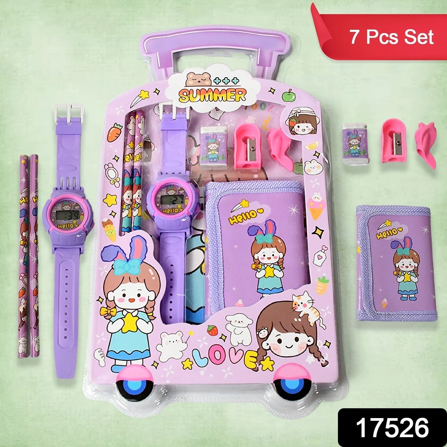 17526 Stationery Set For Girls And Boys  Kids Return Gift - 7 In 1 School Items For Kids-pencils Eraser Sharpener Pouch Pencil Extender  Birthday Gift Idea Stationary Kit Set For School Kids (Pack Of 7 Pcs Set) - 69KART