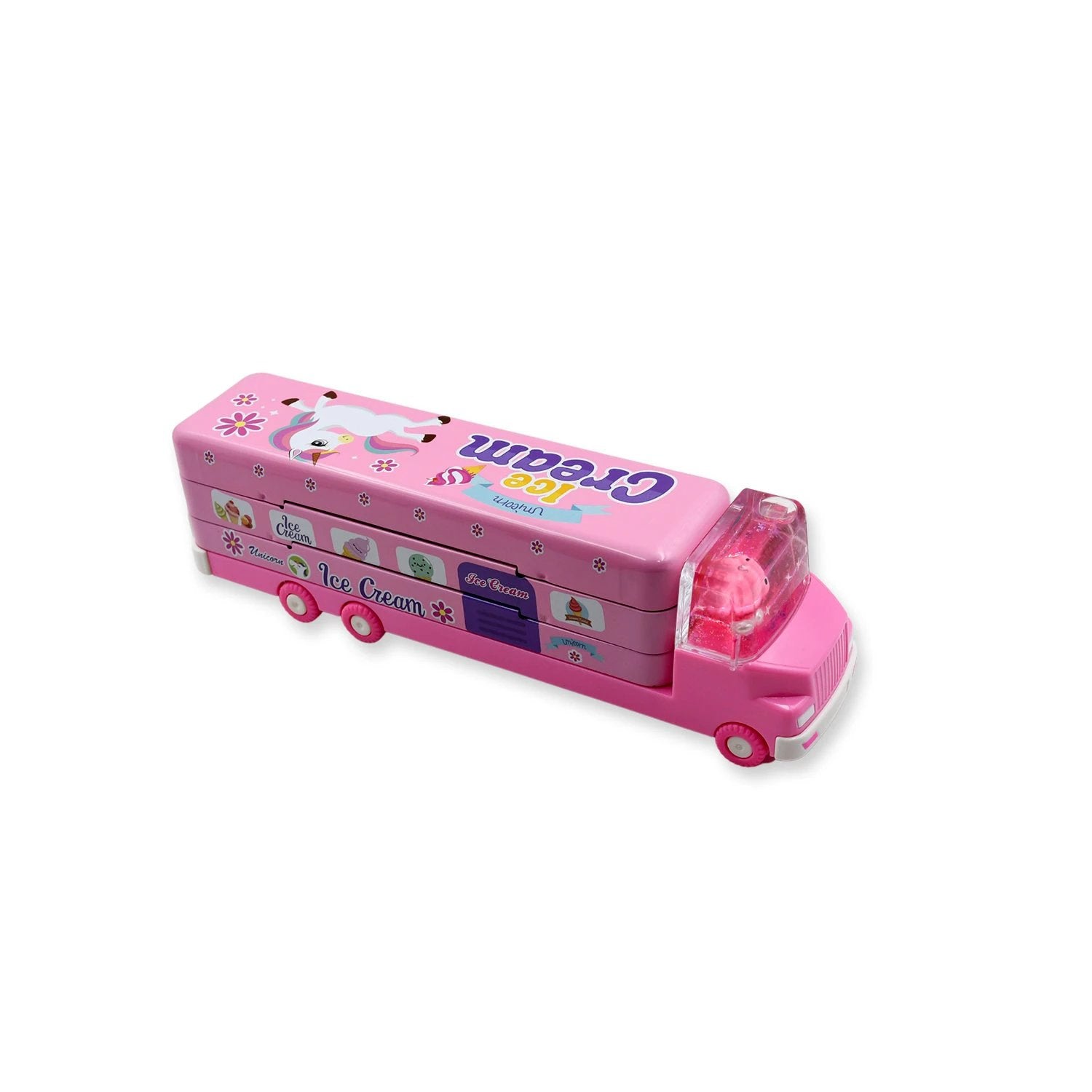 4568  Double Decker Magic Ice Cream Truck Compass Multi Level Metal Truck Compass Pencil Case With Movable Wheels  Sharpener - 69KART