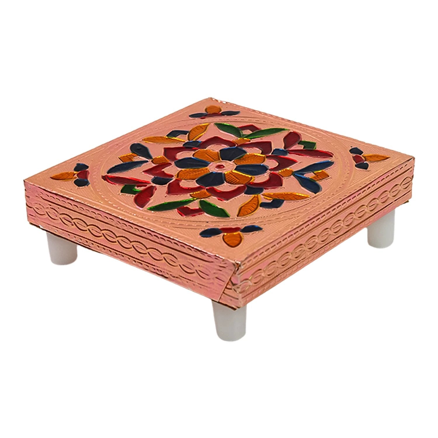 Handicraft Meenakari Wooden Chowki Puja Bajot For Home Office Decor For Puja Multicolour (1 Pc Set) by Wukusy
