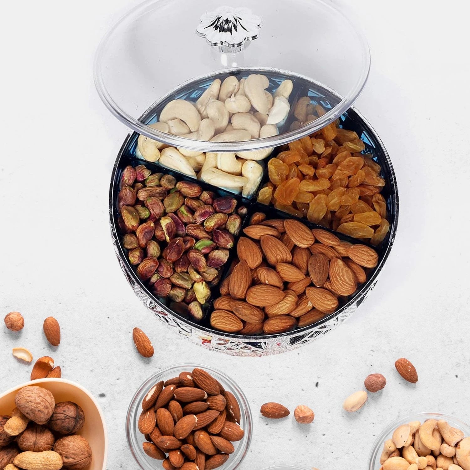 Multipurpose Dry Fruit Box 4 Section Dry Fruit Round Silver Gift Box (1 Pc) by Wukusy