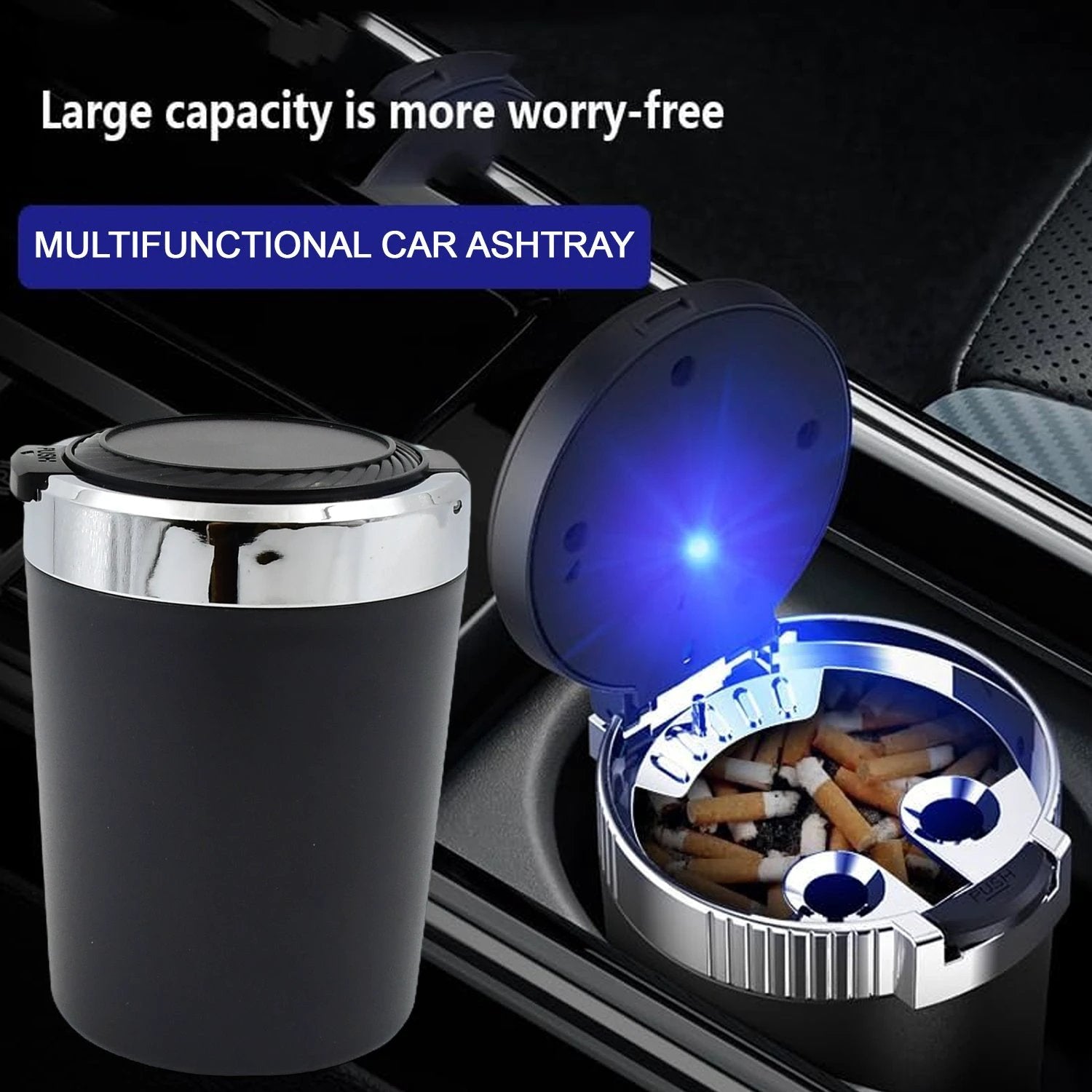 Portable Car Ashtray With Lid And Blue Led Light (1 Pc) - 69kart