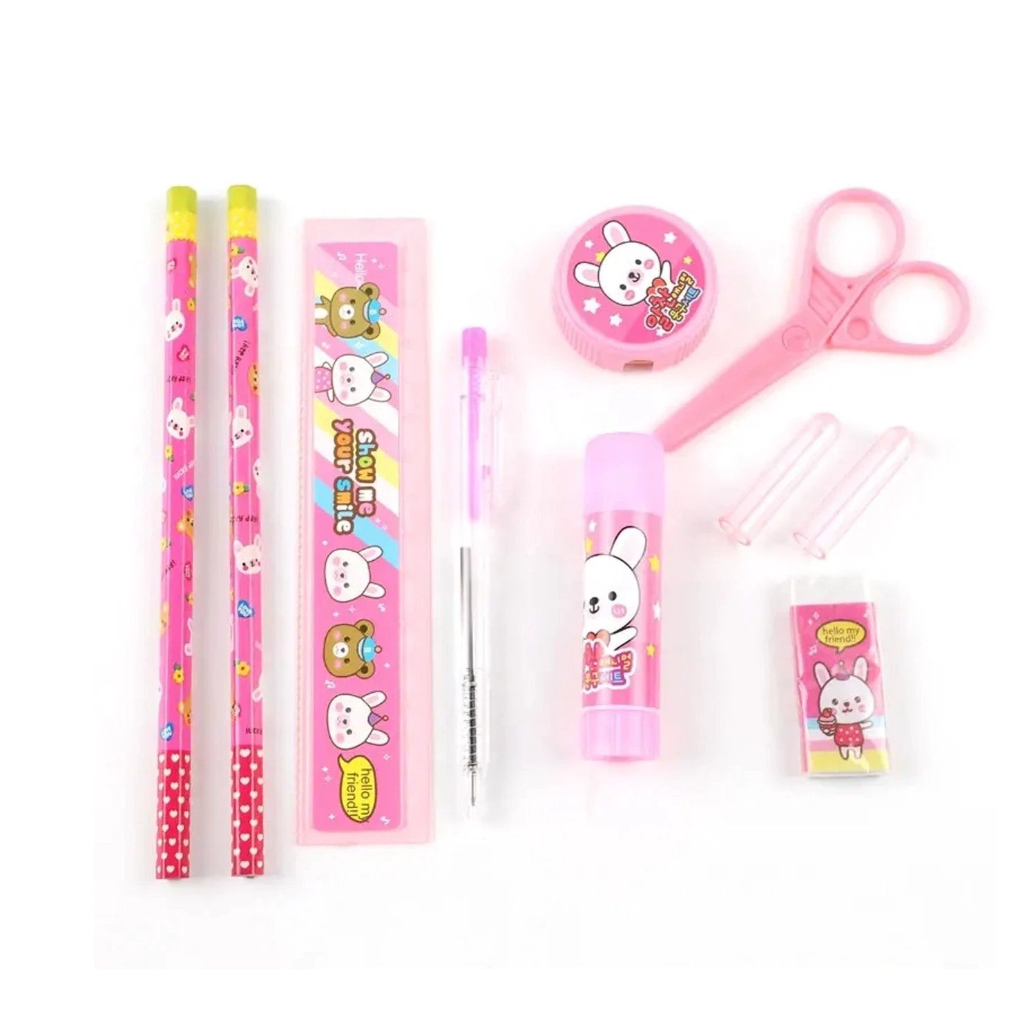 7959 10 Pcs Set Stationary Set Including Pencil Ruler Rubber Pencil Sharpener Glue Ballpoint Pen Scissors Pencil Cover School Office Product Gift - 69KART