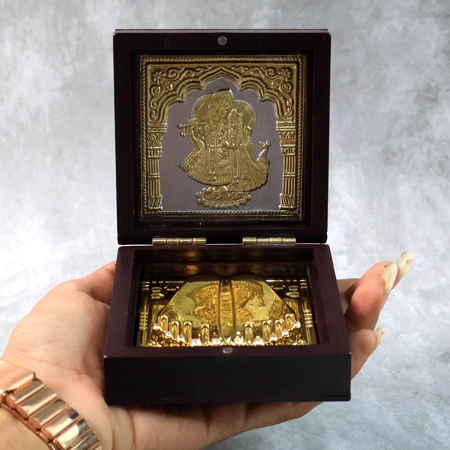 Golden Charan Paduka In Wooden Box Spiritual Gift Pooja Accessory by Wukusy