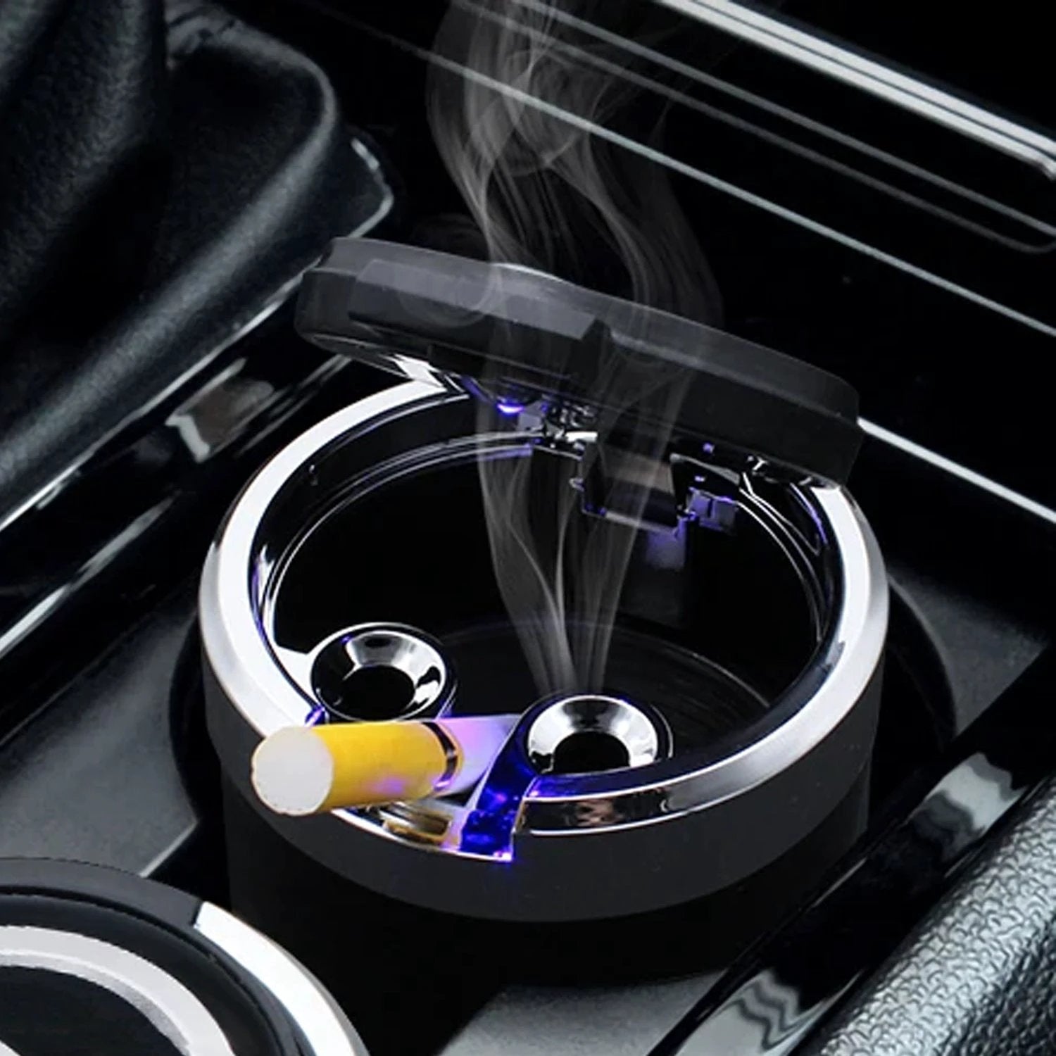 Portable Car Ashtray With Lid And Blue Led Light (1 Pc) - 69kart