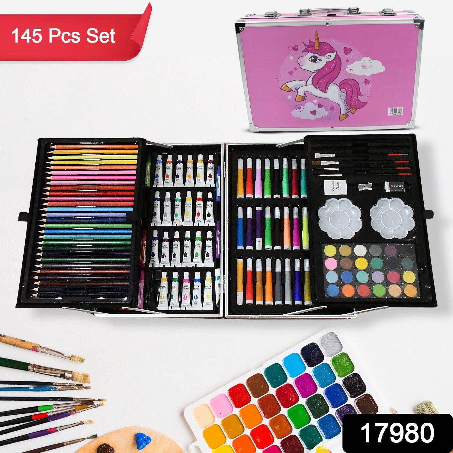 17980professional Art Set-drawing Painting Sketching Coloring Kids Set All In 1 Art Case Perfect For Kids With Unicorn Design Case Shading Crayons Oil Pastels Color Set Watercolor Cakes Paint Brush Sharpener Eraser (145 Pcs Set) - 69KART