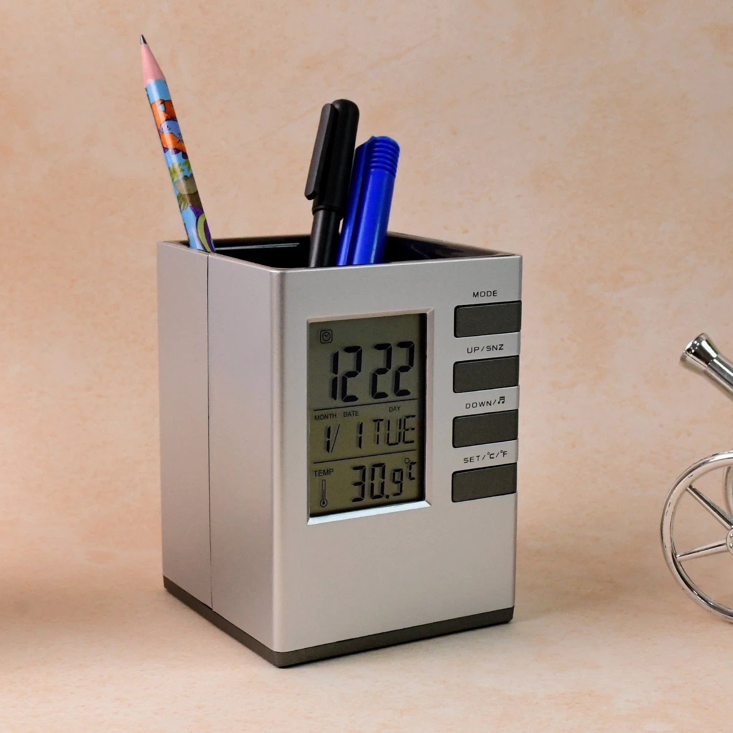 Multifunction Cube Digital Desk Clock With Pen Holder (1 Pc) by Wukusy