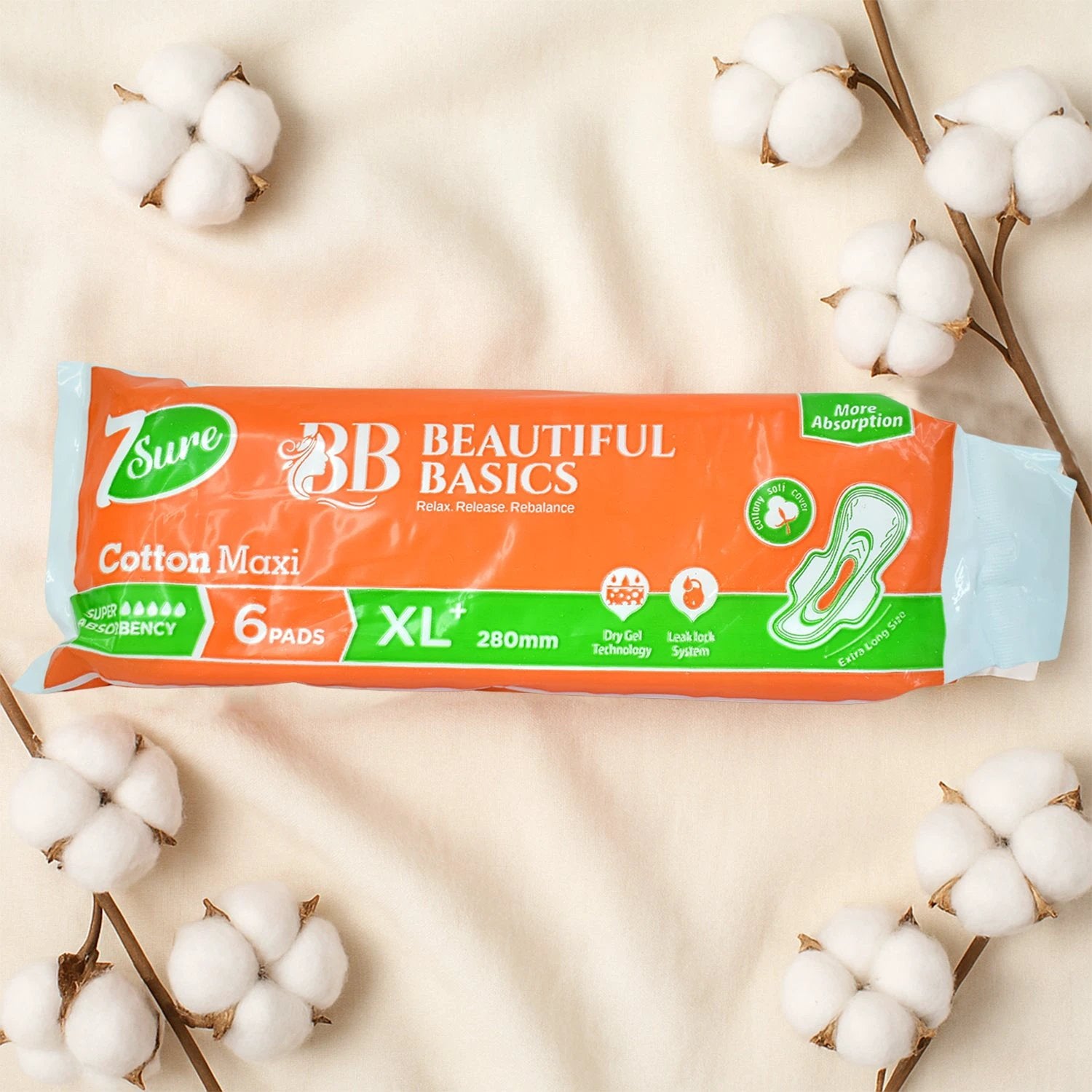 Beautiful Basics Orange Cotton Maxi Sanitary Pads Xl+ 280mm Pack Of 6 Pads - 69KART