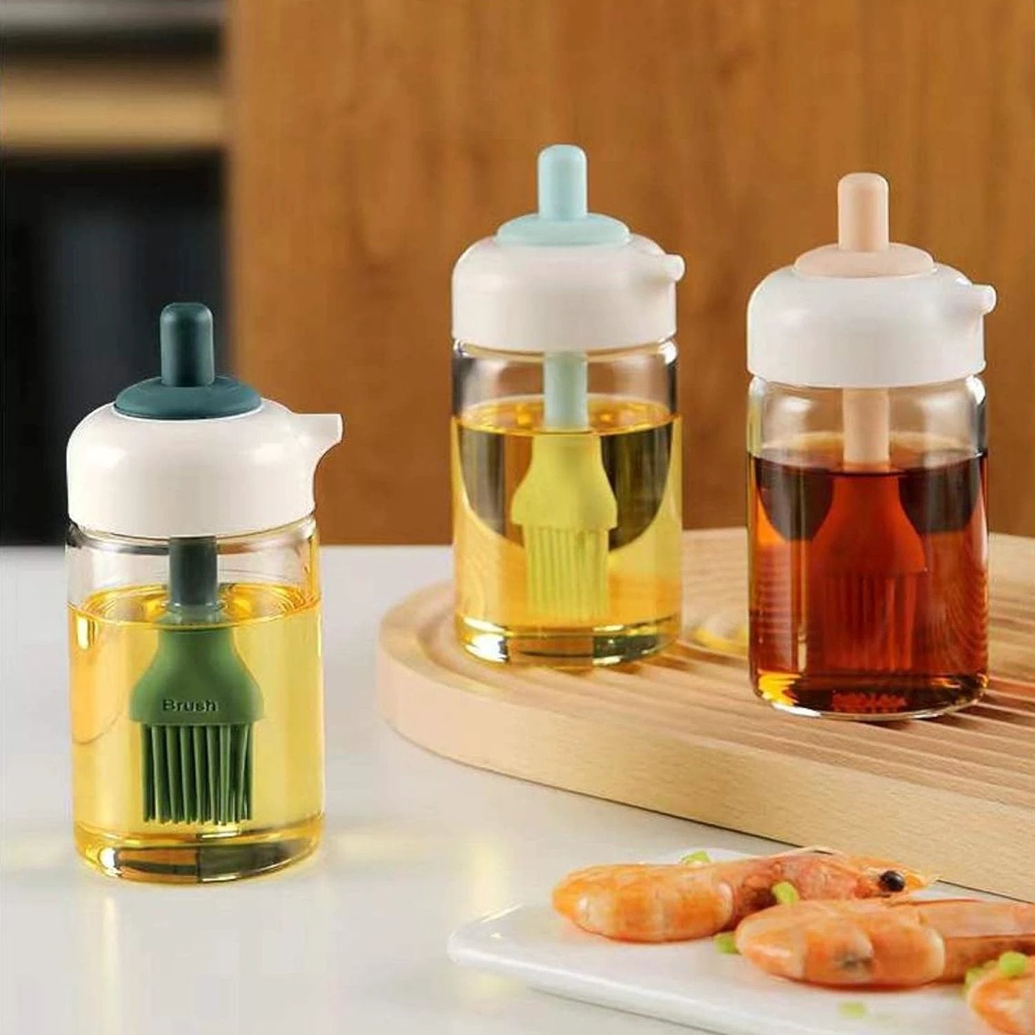 2 In 1 Glass Oil Dispenser Jar  Bottle With Brush (1 Set) - 69kart