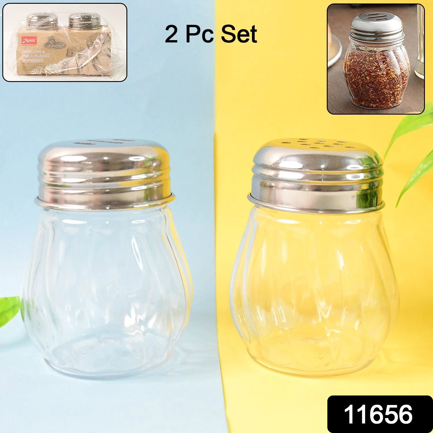 Apex Oregano Chilli Flakes Dispenser Set 2 Pcs Glass Spice Shaker With Stainless Steel Lid by Wukusy