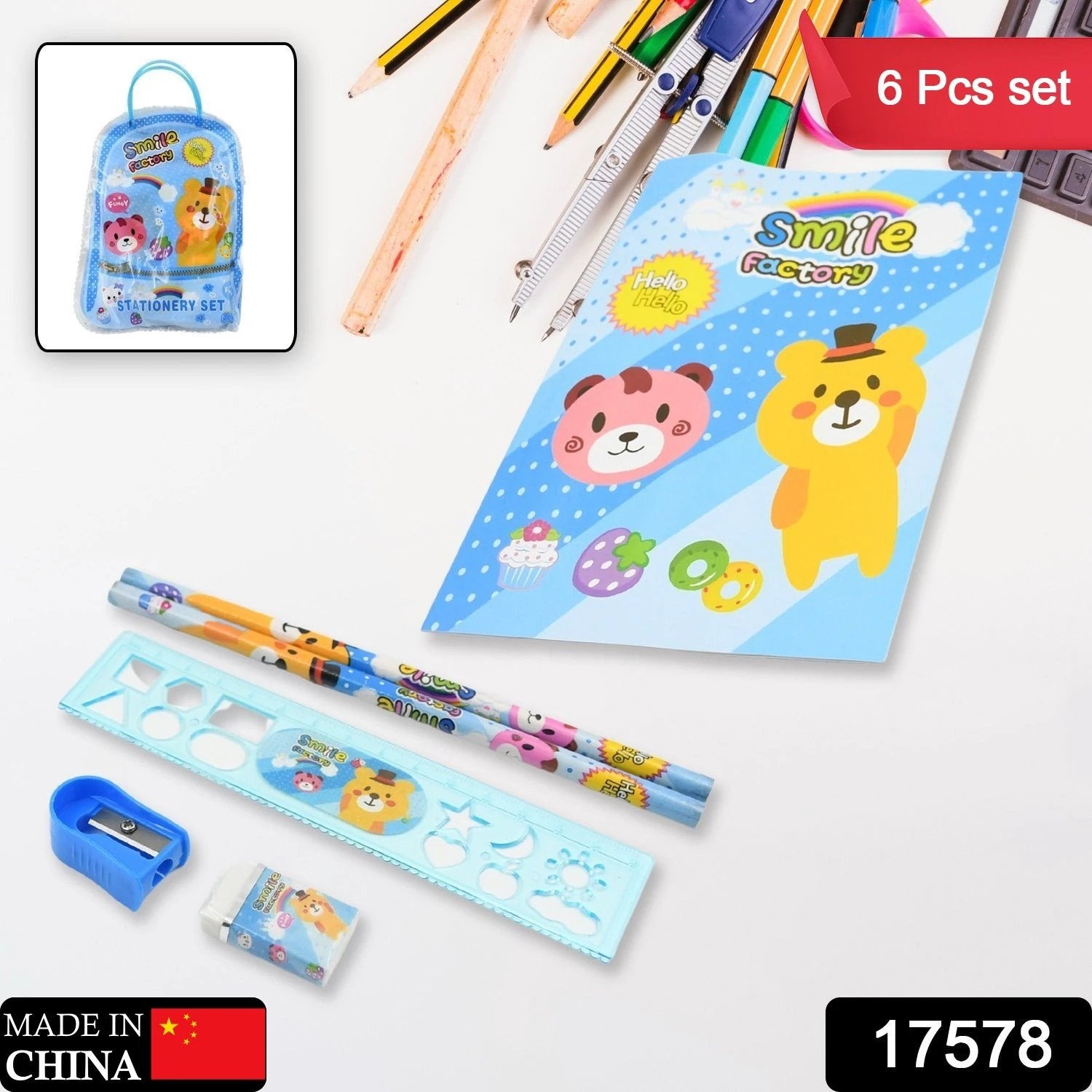 17578 Stationery Kit For Kids - Stationery Set Includes Wooden Pencil Sharpener Pencil And Eraser Set Birthday Return Gift For Kids Boys Girls 2 Pencil 1 Scale 1 Notebook1 Sharpener 1 Eraser  With Zip Bag (6 Pcs Set) - 69KART