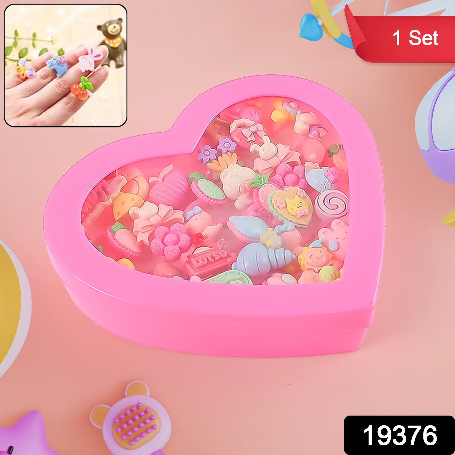 Adorable Playful Decorative Rings For Children In Heart Shaped Storage Box (35 Pcs Aprpox