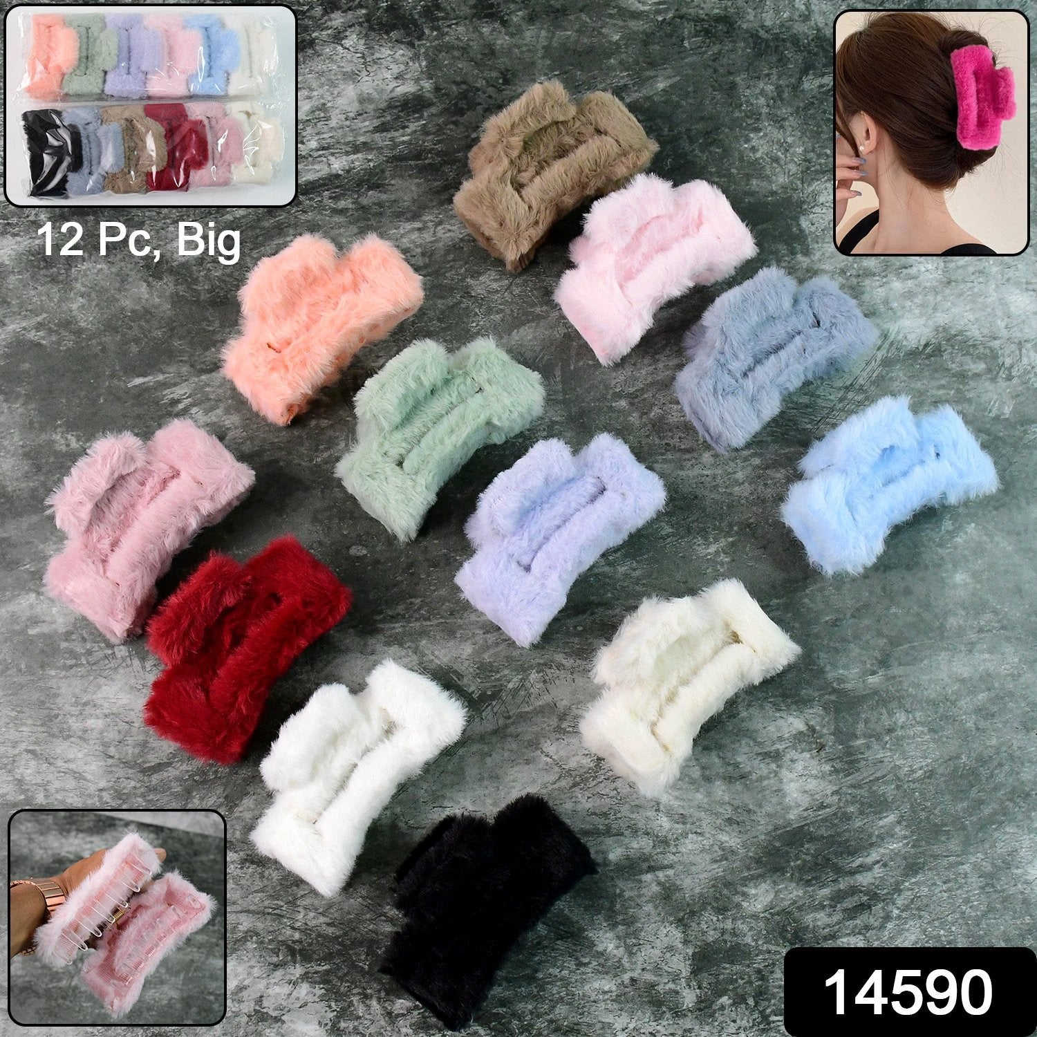 Big-size Soft Faux Fur Hair Claw Clips (12 Pc) by Wukusy