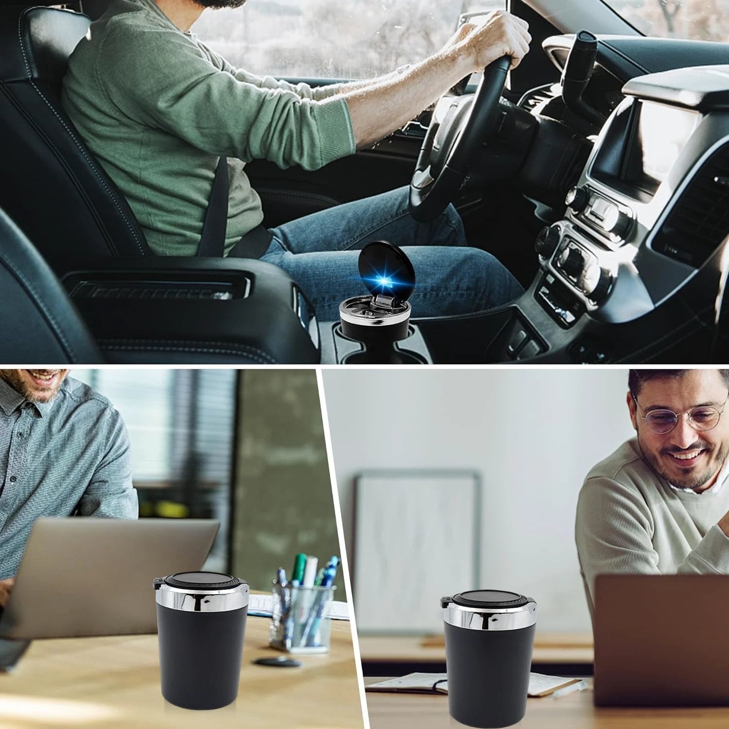 Portable Car Ashtray With Lid And Blue Led Light (1 Pc) - 69kart