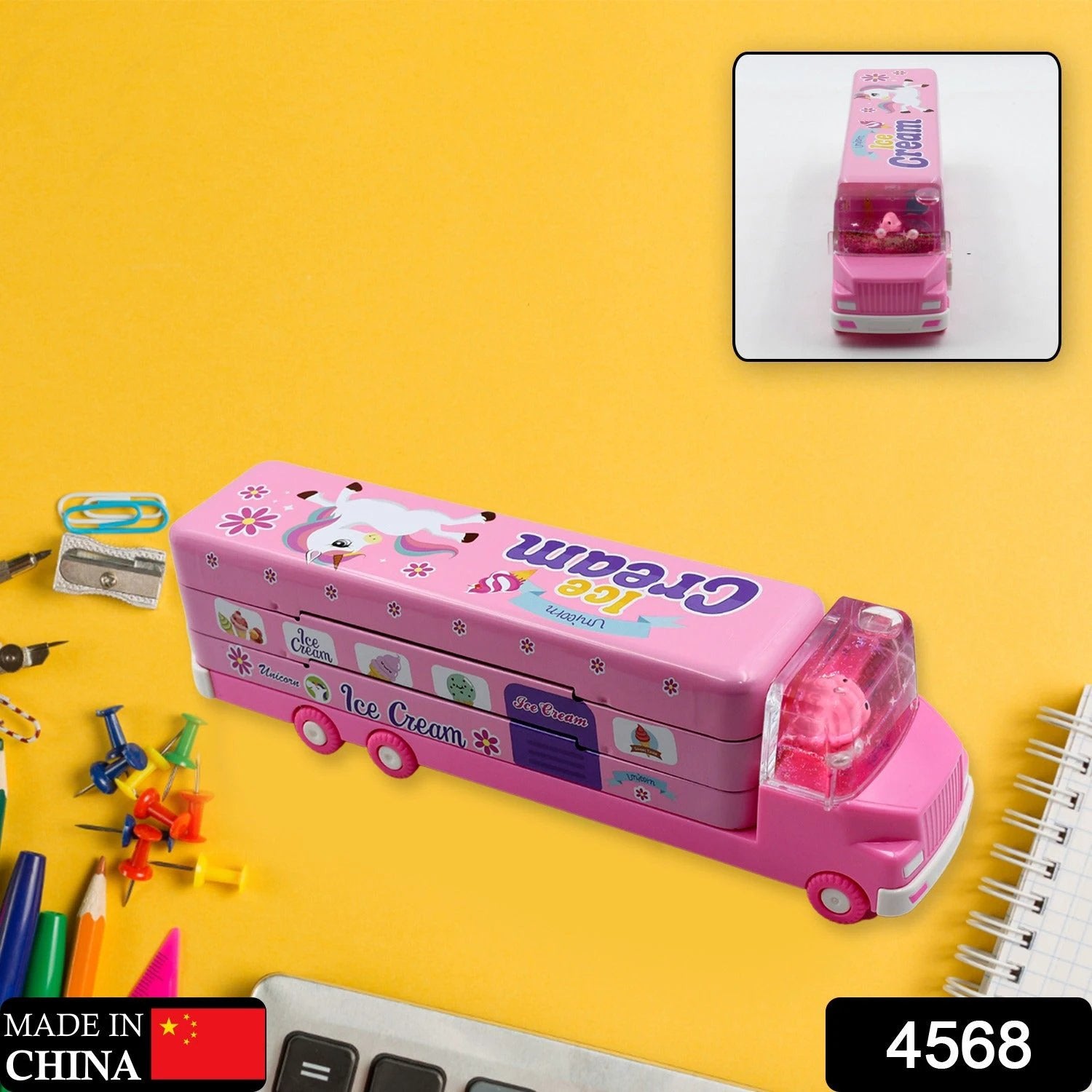 4568  Double Decker Magic Ice Cream Truck Compass Multi Level Metal Truck Compass Pencil Case With Movable Wheels  Sharpener - 69KART