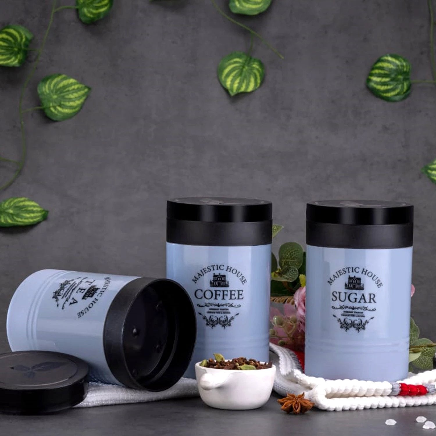 5766 Accurate Seal Tea Sugar Coffee Container - 3 Pcs Plastic Damru Shaped Tea Coffee Sugar Canisters Jar New Airtight Food Seal Containers For Salt Dry Fruit Grocery Multicolor (3 Pcs Set) by Wukusy