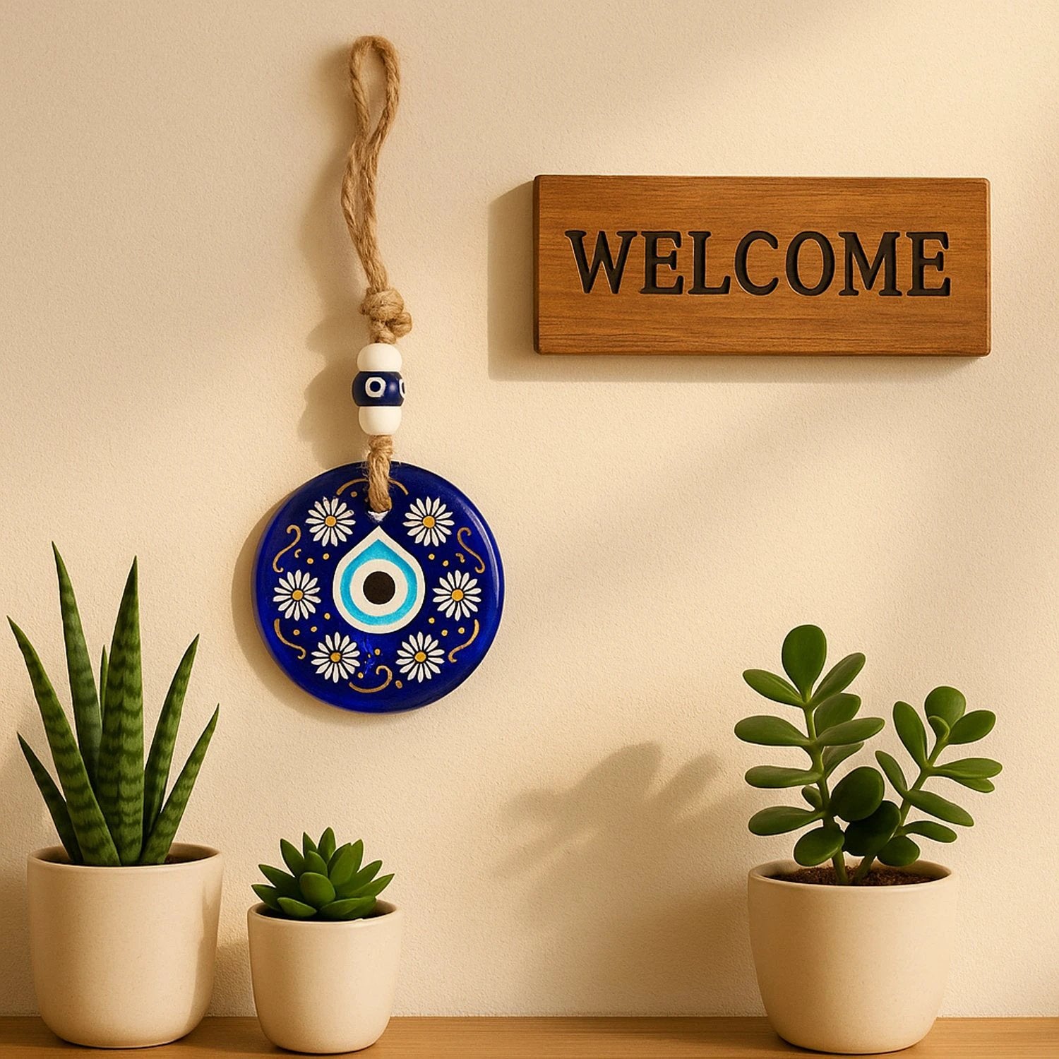 Decorative Evil Eye Wall Hanging Nazar Protector Charm With Beads Wind Chime (1 Pc) by Wukusy