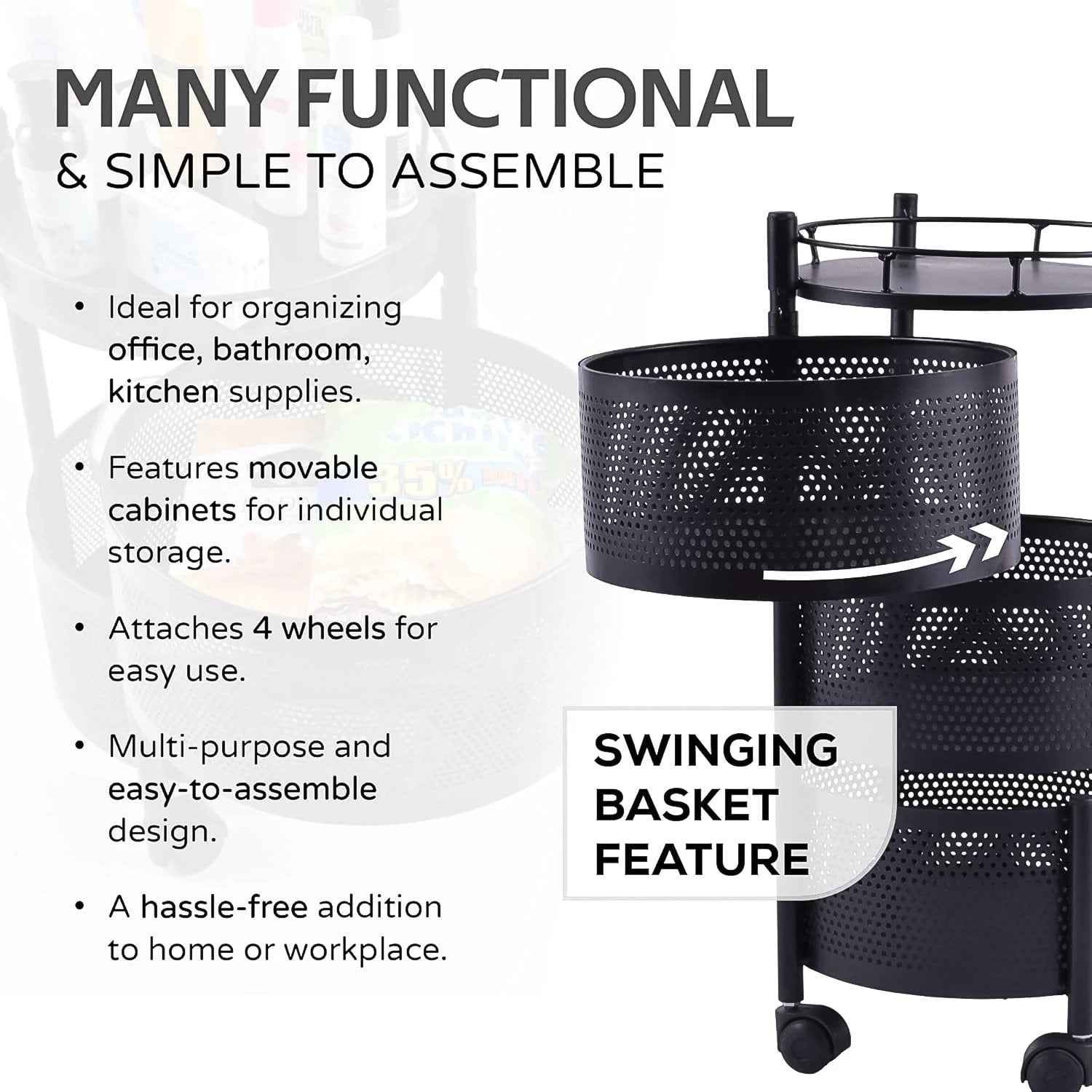 Metal Round High Quality Kitchen Trolley With Wheels (3 Layer  1 Pc) - 69KART