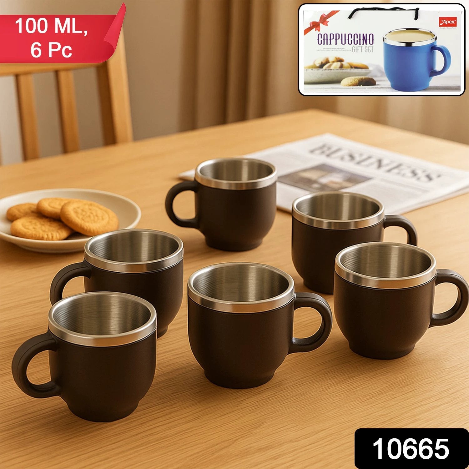 Apex Premium Double Wall Stainless Steel Cappuccino Mug Gift Set (6 Pc  100 Ml) - 69KART