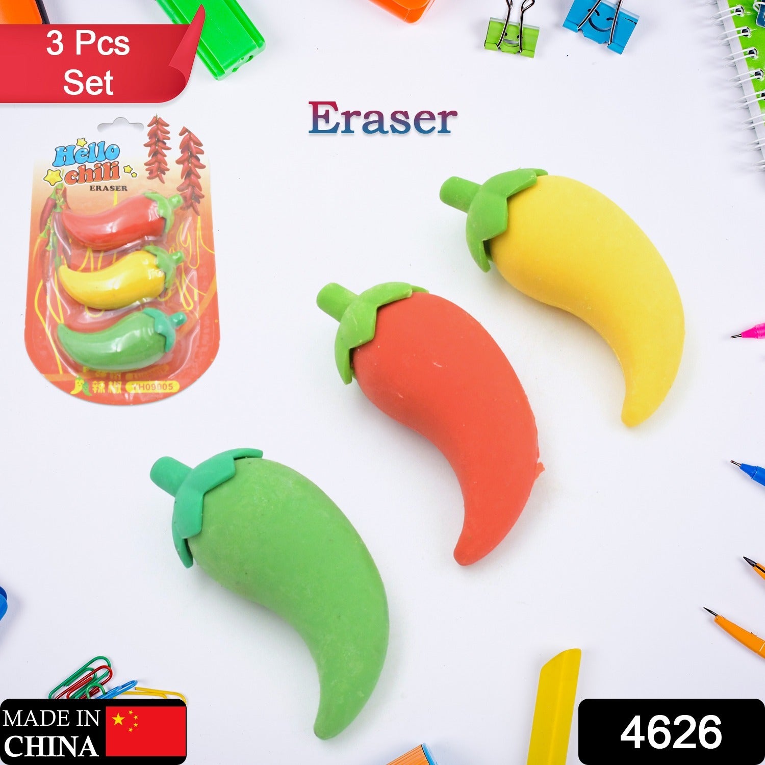 3D Colorful Chili Shape Erasers (3 Pc Set)