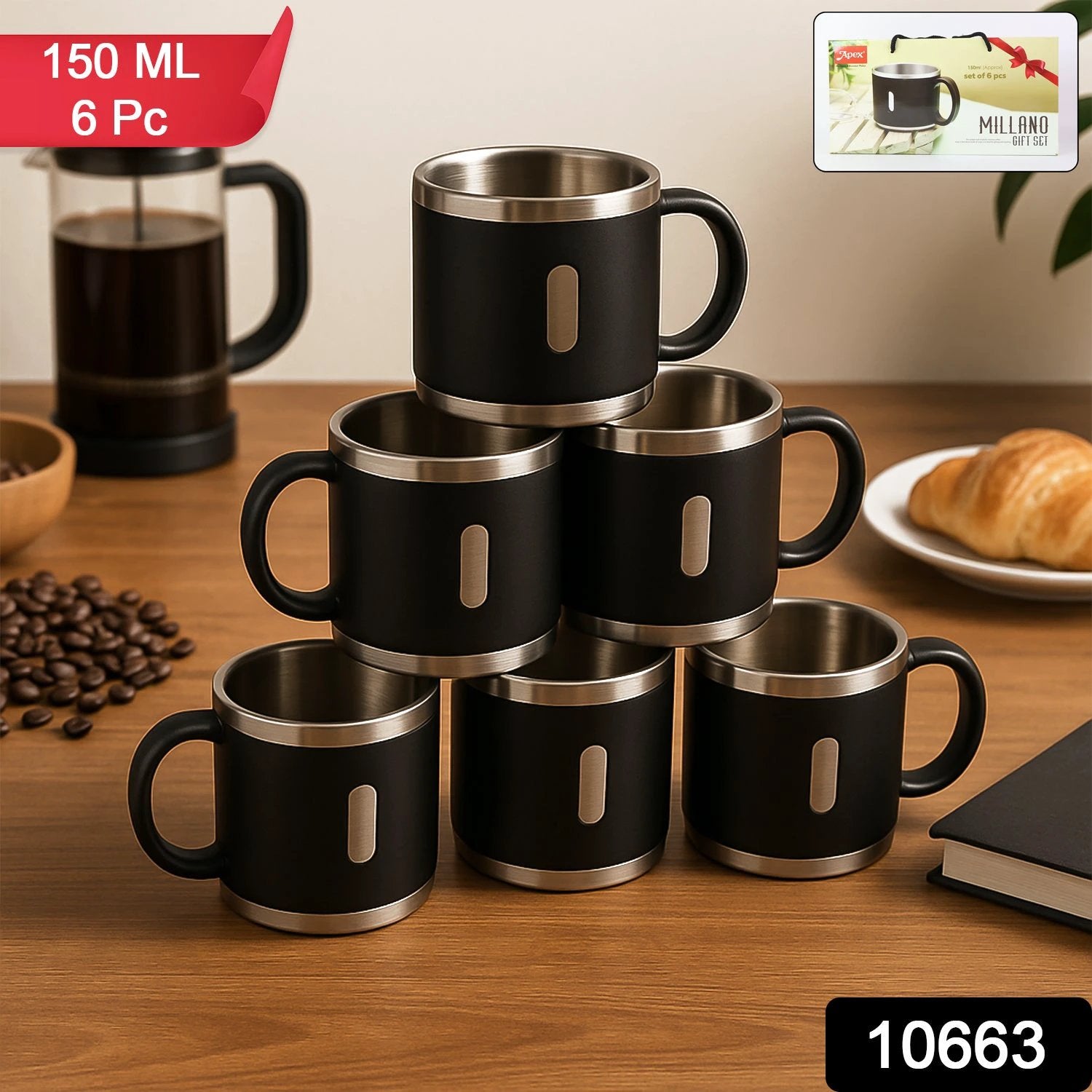 Apex Premium Stainless Steel Double Wall Coffee Mug Gift Set (6 Pc 150 Ml) by Wukusy