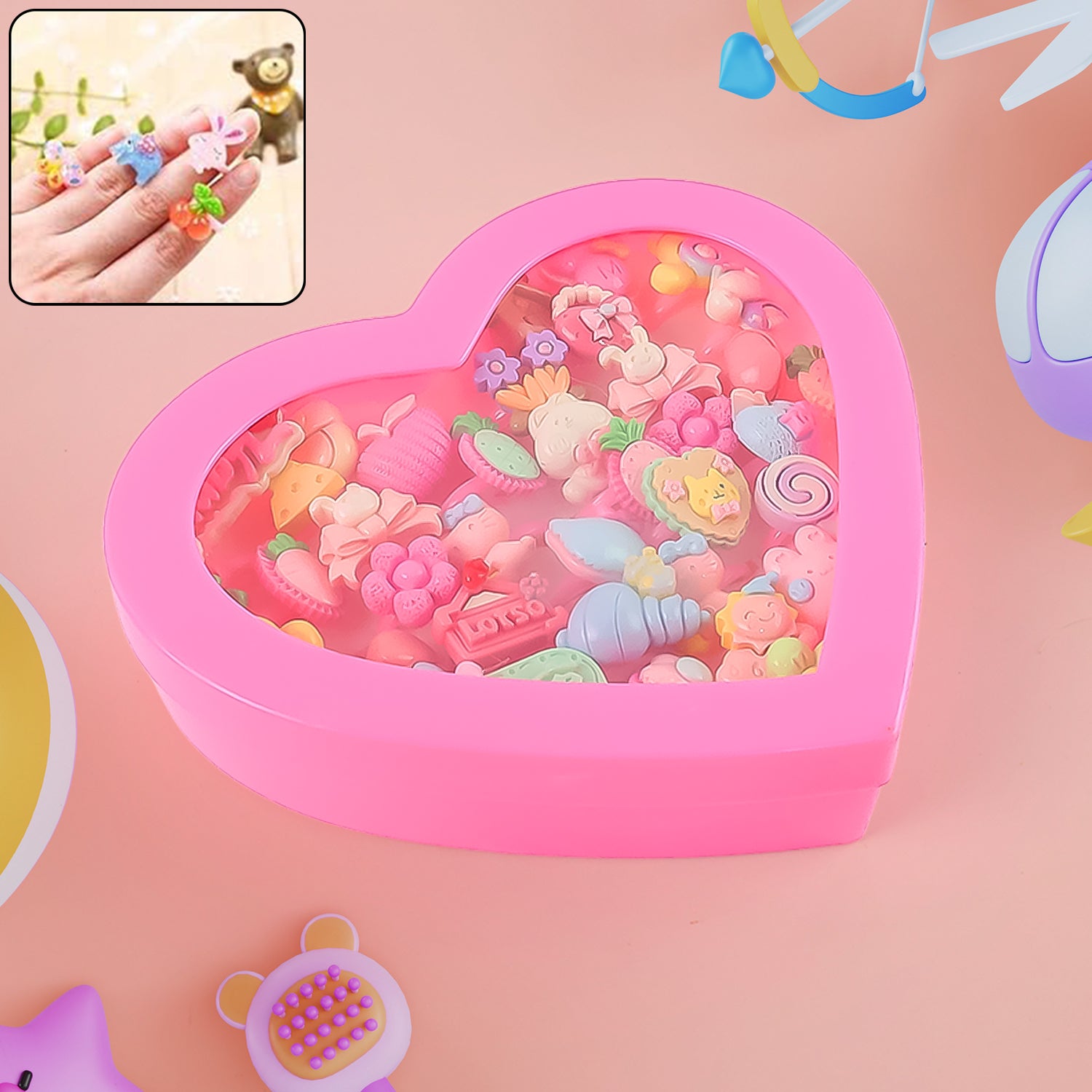 Adorable Playful Decorative Rings For Children In Heart Shaped Storage Box (35 Pcs Aprpox