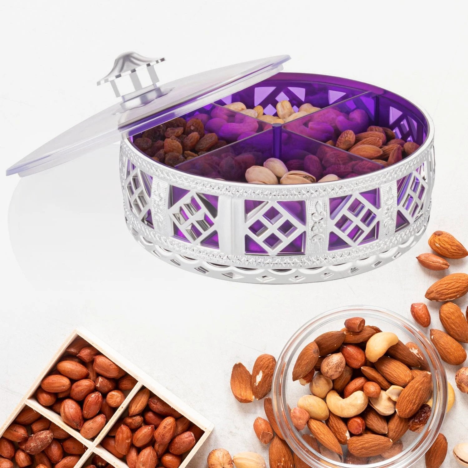 Multipurpose Dry Fruit Box 4 Section Dry Fruit Round Silver Gift Box (1 Pc) by Wukusy