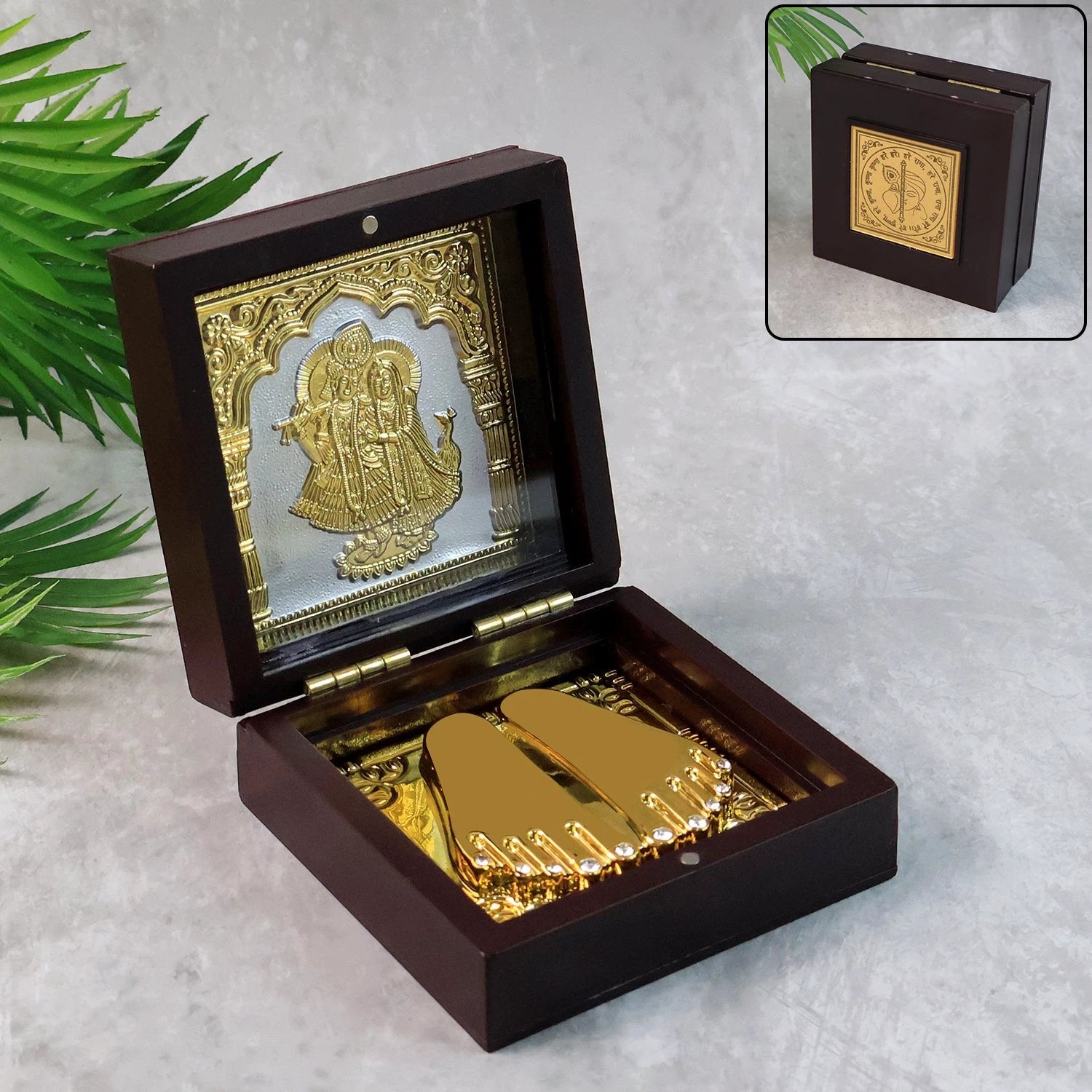 Golden Charan Paduka In Wooden Box Spiritual Gift Pooja Accessory by Wukusy