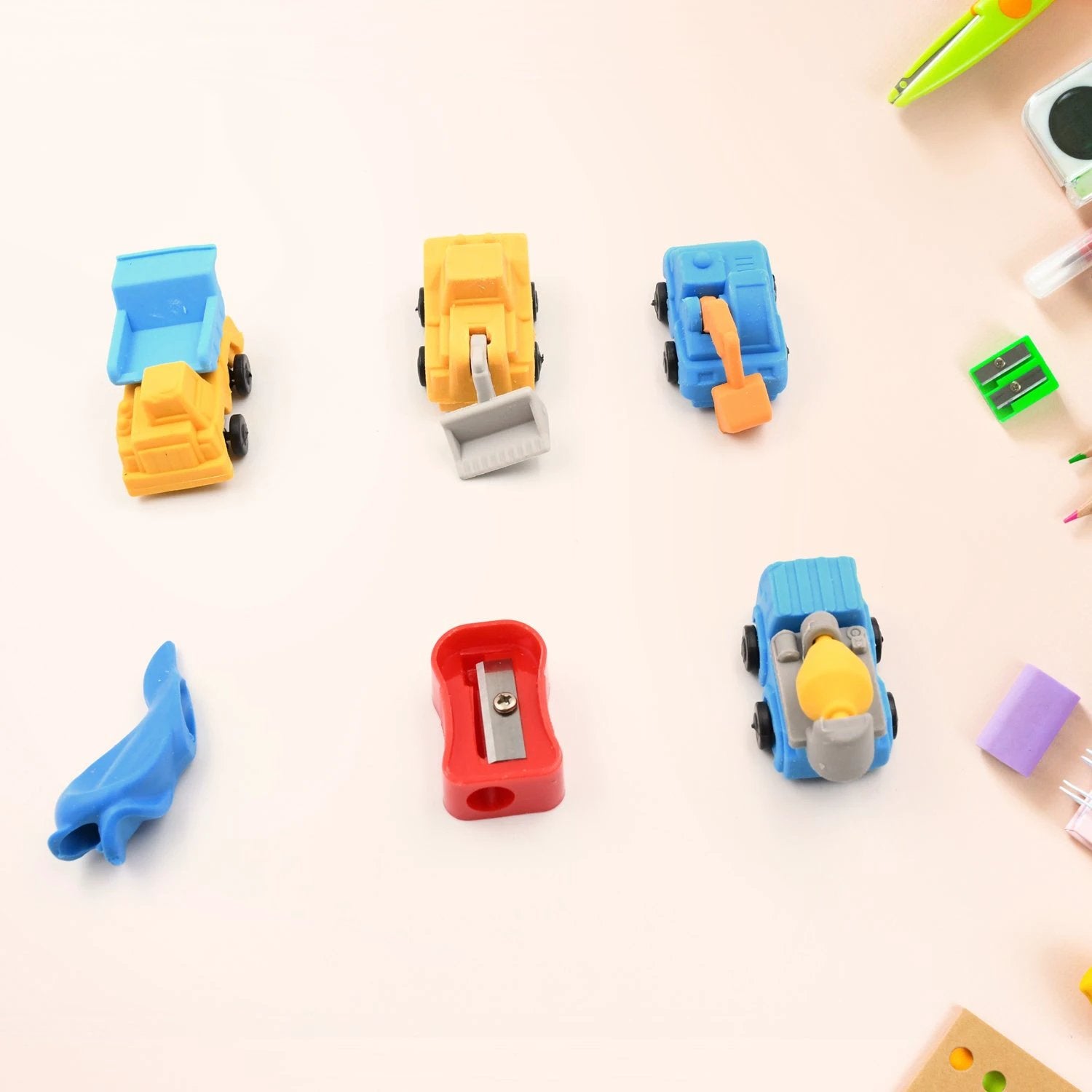 4547 Pencil And Eraser Set Construction Truck Theme Stationery Kit Includes 6 Pencils 4 Erasers 1 Sharpener 1 Ruler Bookmark 1 Pencil Cap Stationary For Birthday Gifts For Kids Birthday Return Gifts (13 Pc Set) - 69KART