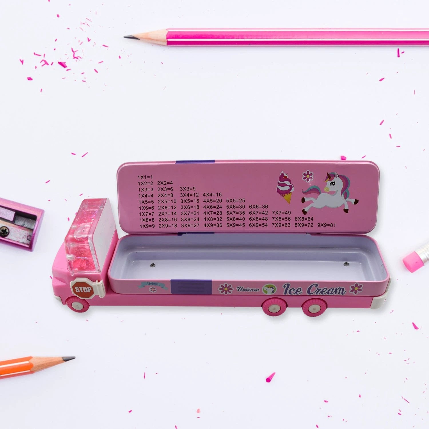 4568  Double Decker Magic Ice Cream Truck Compass Multi Level Metal Truck Compass Pencil Case With Movable Wheels  Sharpener - 69KART