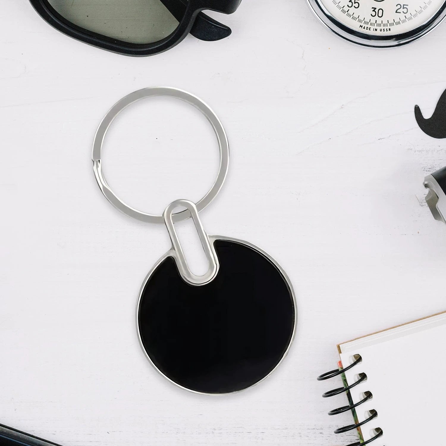 Black Round Metal Keychain by Wukusy