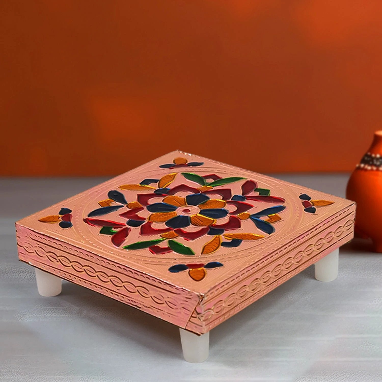 Handicraft Meenakari Wooden Chowki Puja Bajot For Home Office Decor For Puja Multicolour (1 Pc Set) by Wukusy