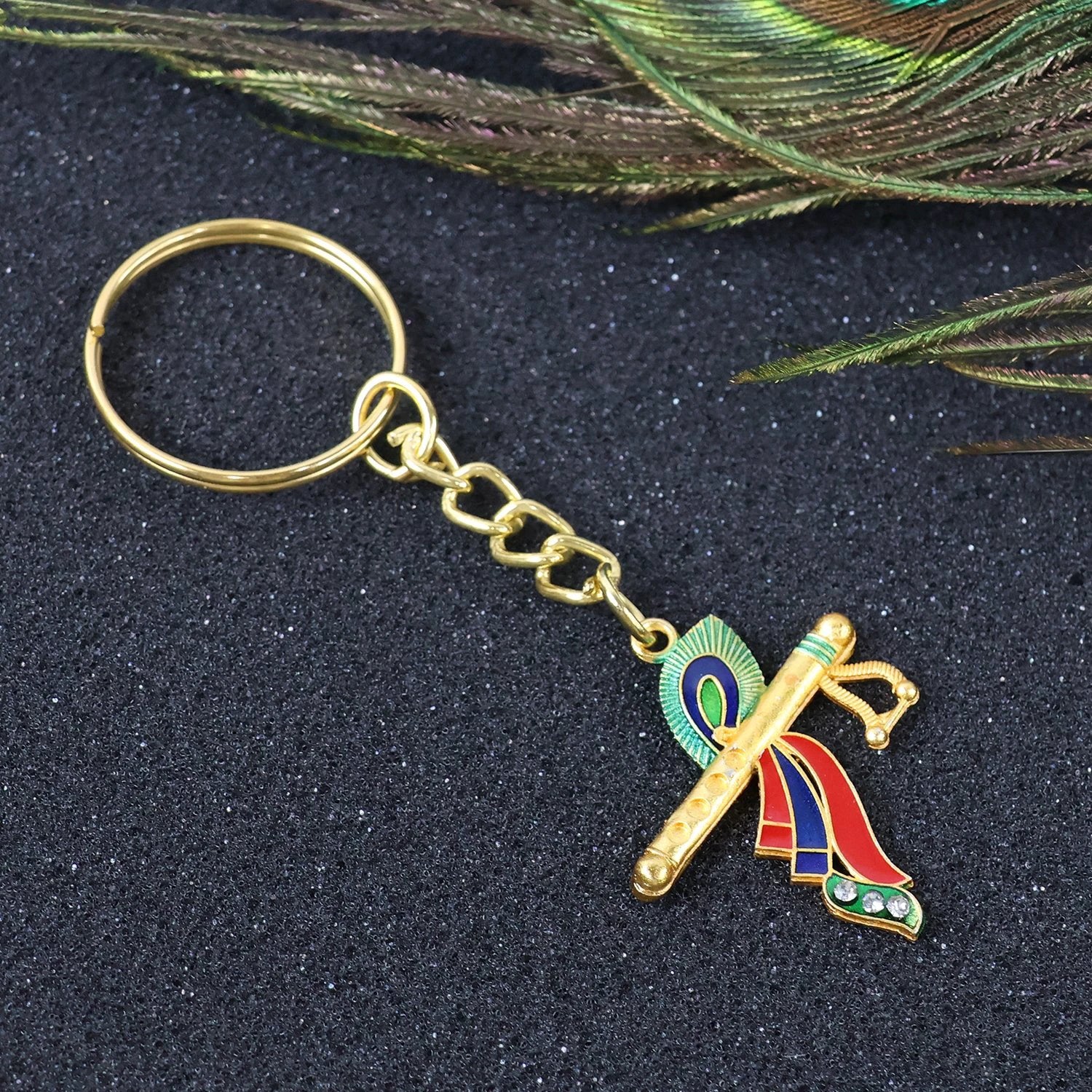 Krishna Flute with Peacock Feather Keychain by Wukusy