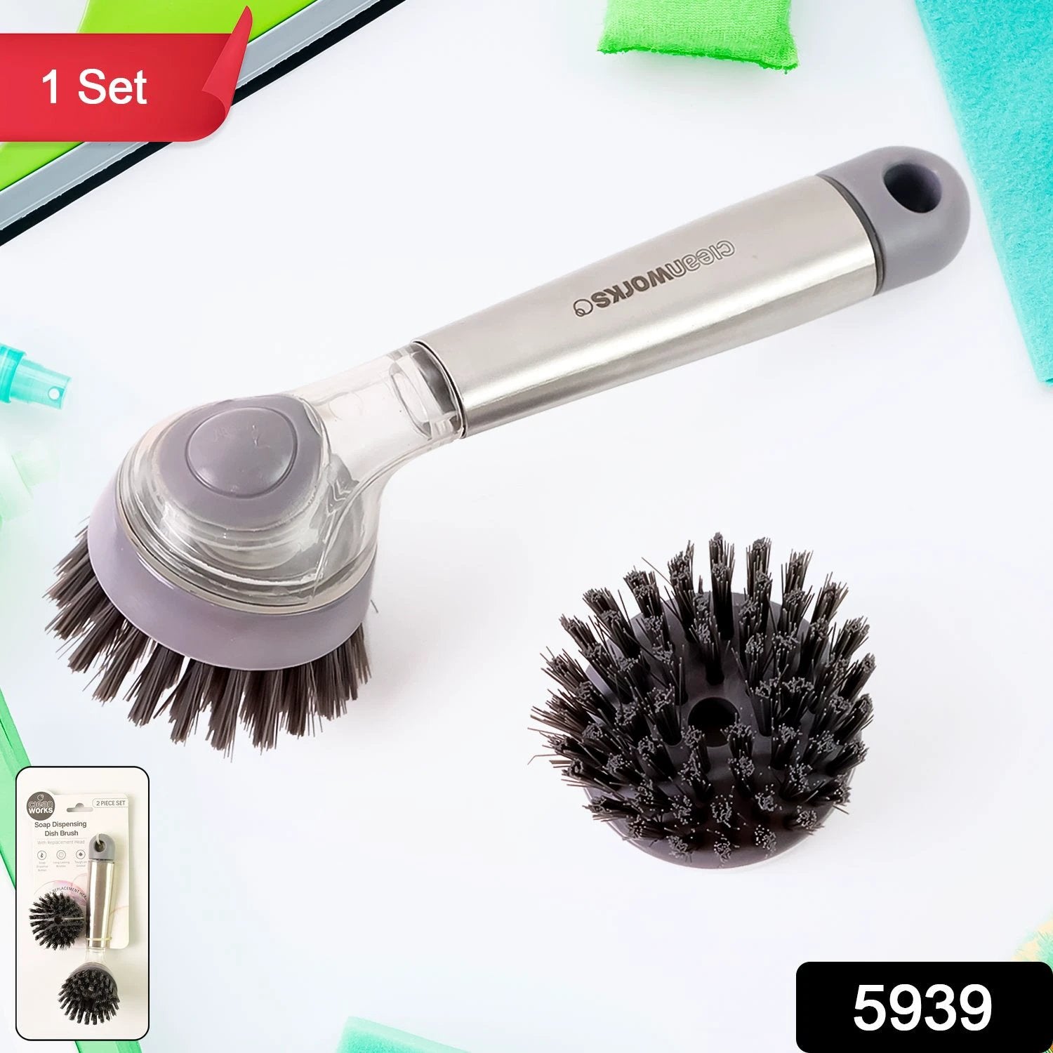 5939 Cleaning Brushes Set Scrub Brush Bathroom Brush Long Handle Liquid Dispenser Pot Washing Brush - 69kart